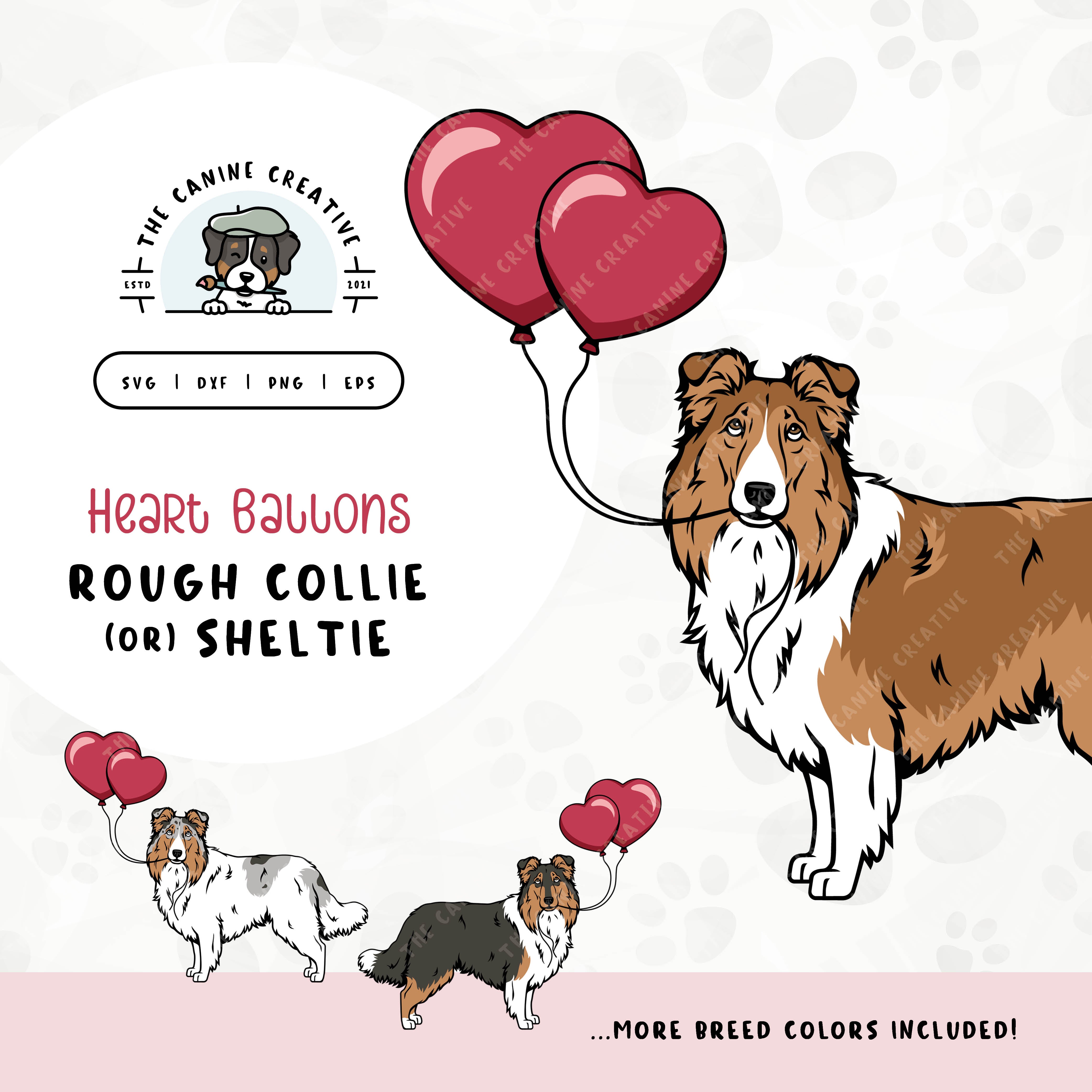 This charming illustration of a Rough Collie/Shetland Sheepdog features a dog holding heart-shaped balloons. File formats include: SVG, DXF, PNG, and EPS.