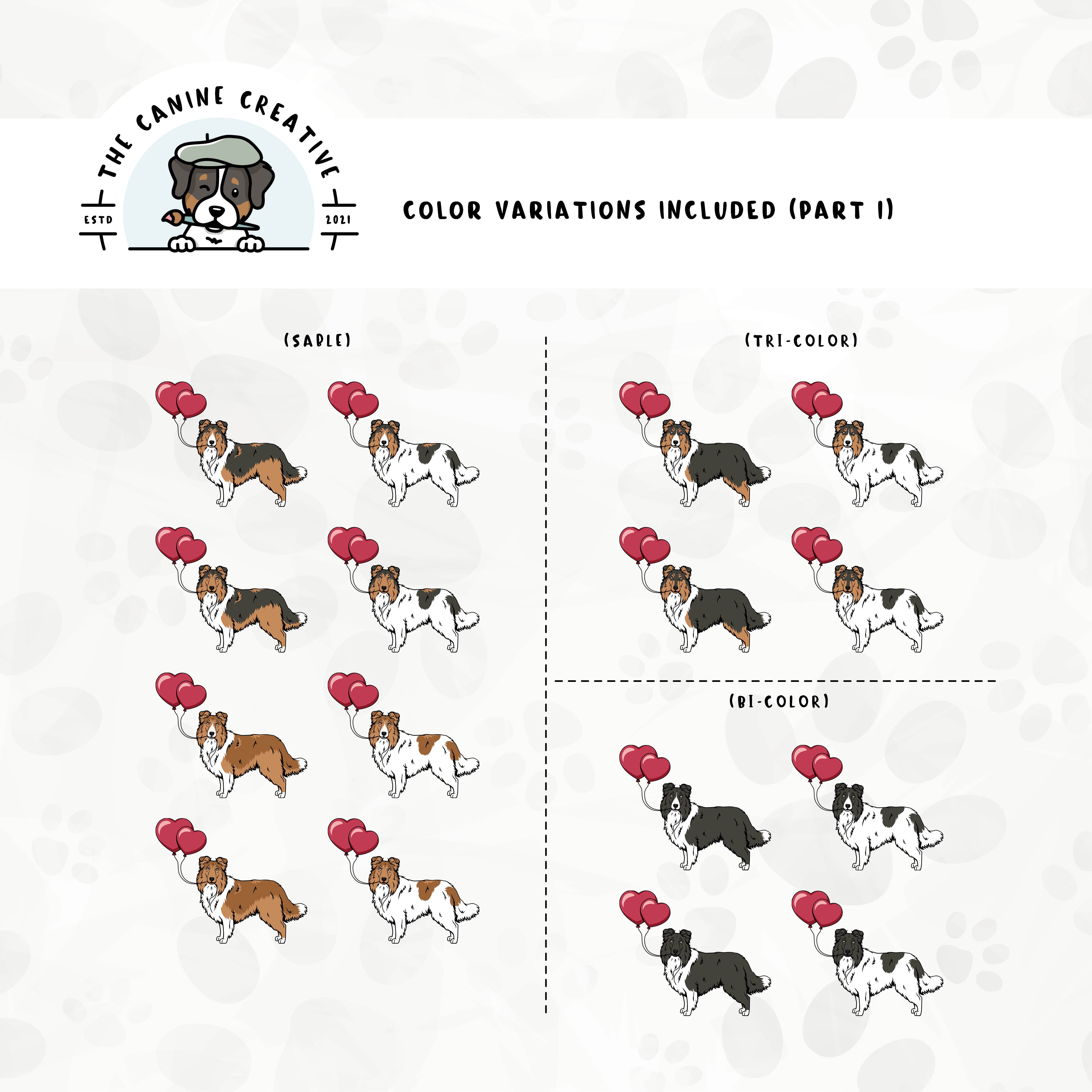 Part 1 of dog color variations for this Rough Collie/Sheltie design bundle includes bi-black, sable, and tri-color in standard and white-factored markings.