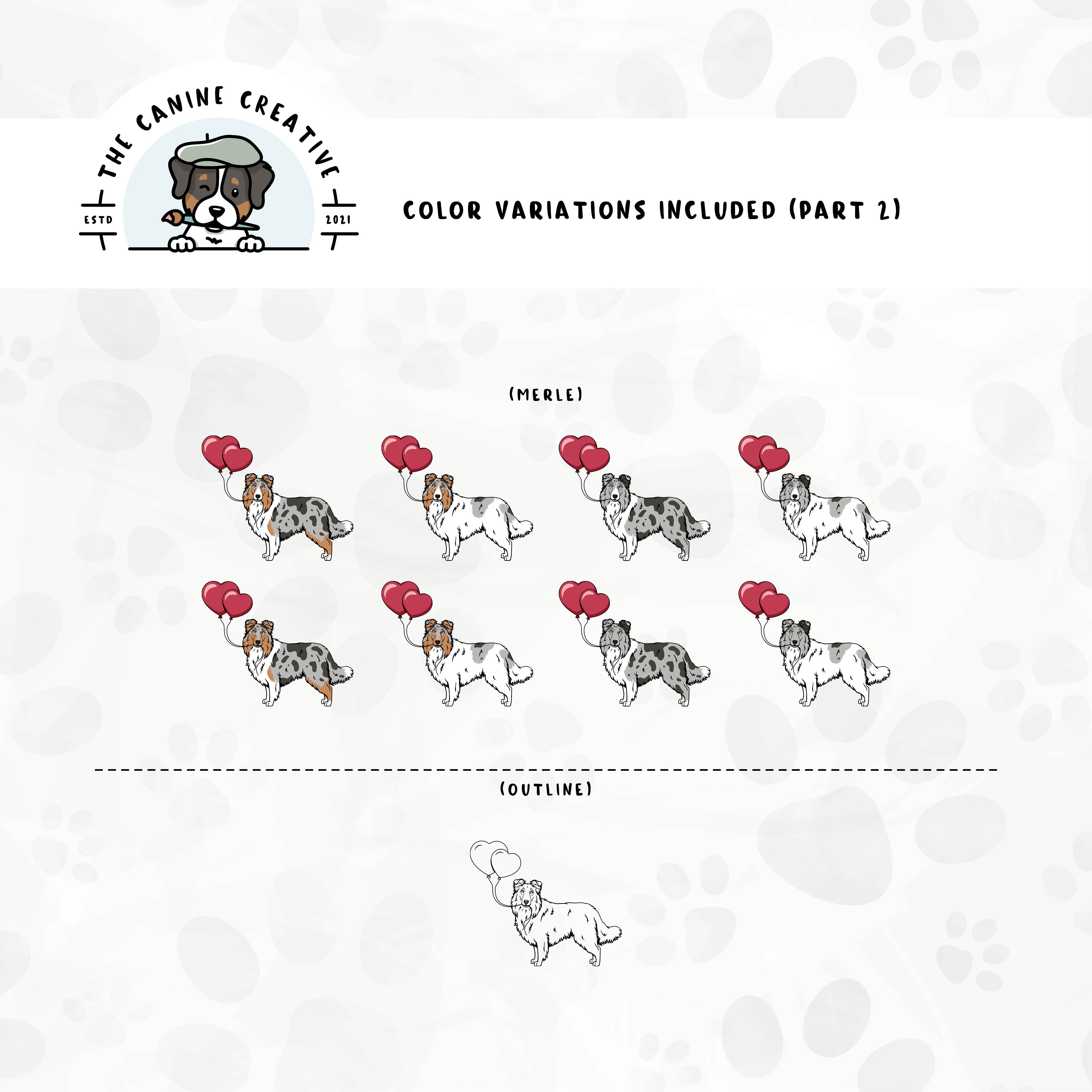 Part 2 of dog color variations for this Rough Collie/Sheltie design bundle includes bi-blue and merle in standard and white-factored markings as well as an outline version.