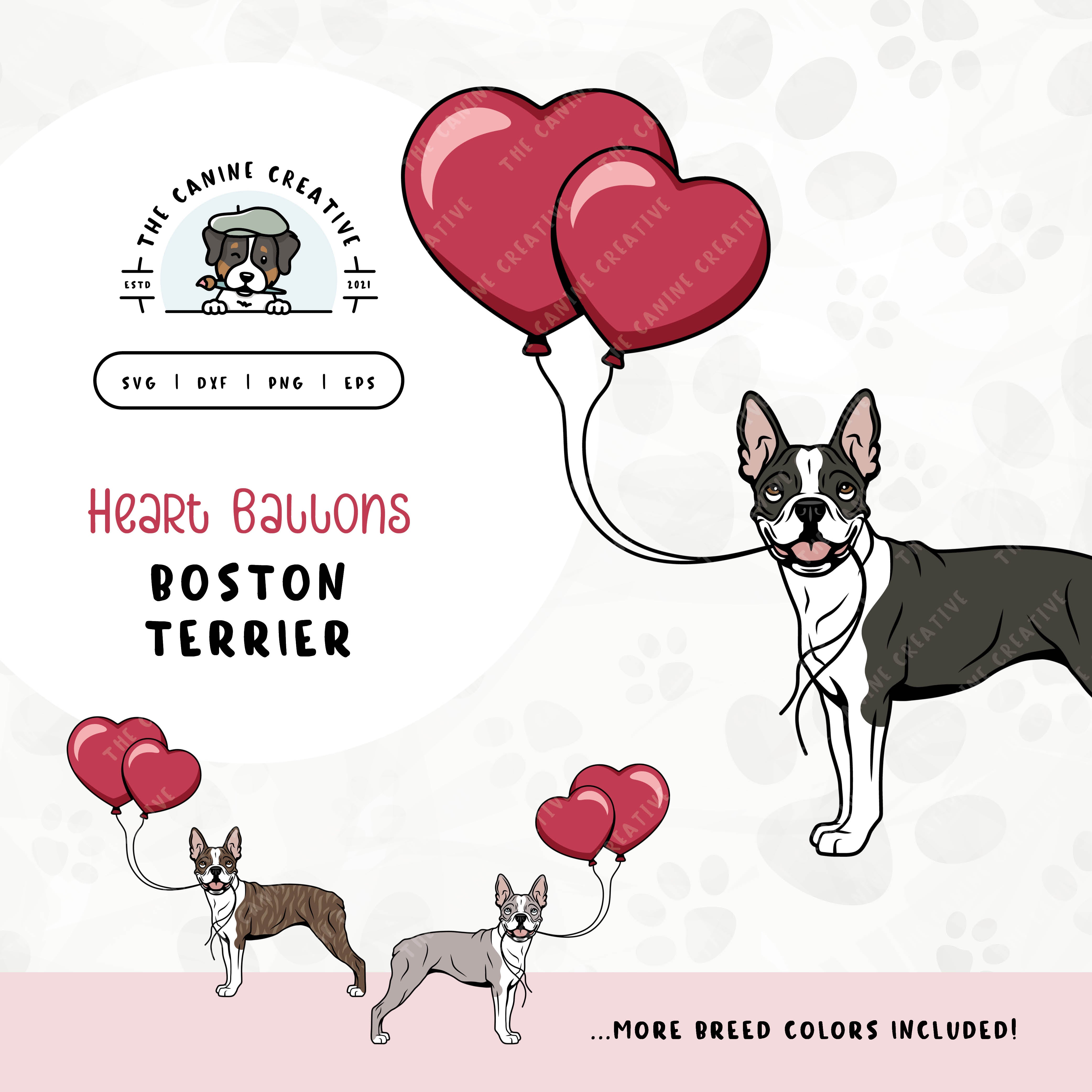 This charming illustration of a Boston Terrier features a dog holding heart-shaped balloons. File formats include: SVG, DXF, PNG, and EPS.