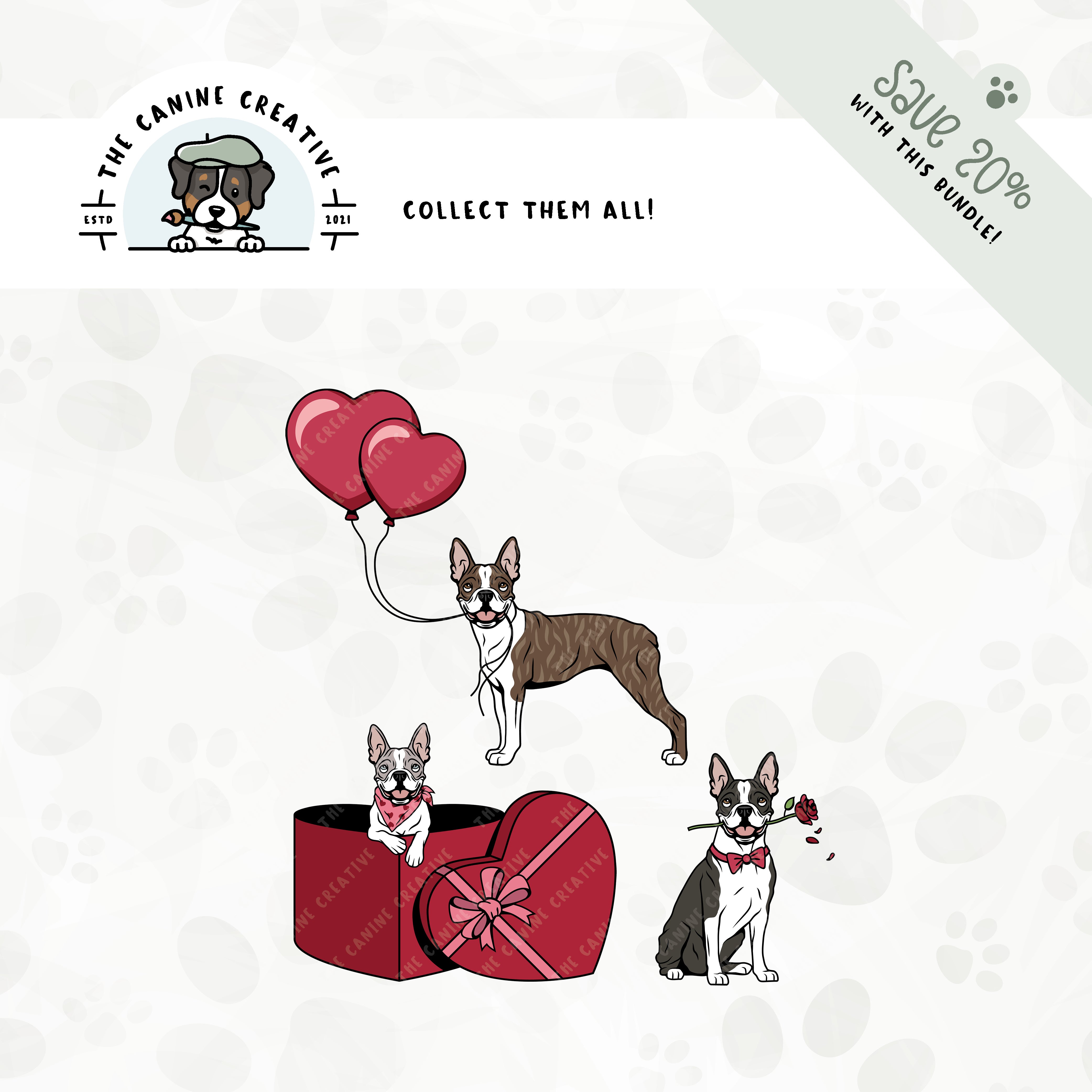 Save 20% with our related 3-pack puppy love design bundle featuring Boston Terriers!