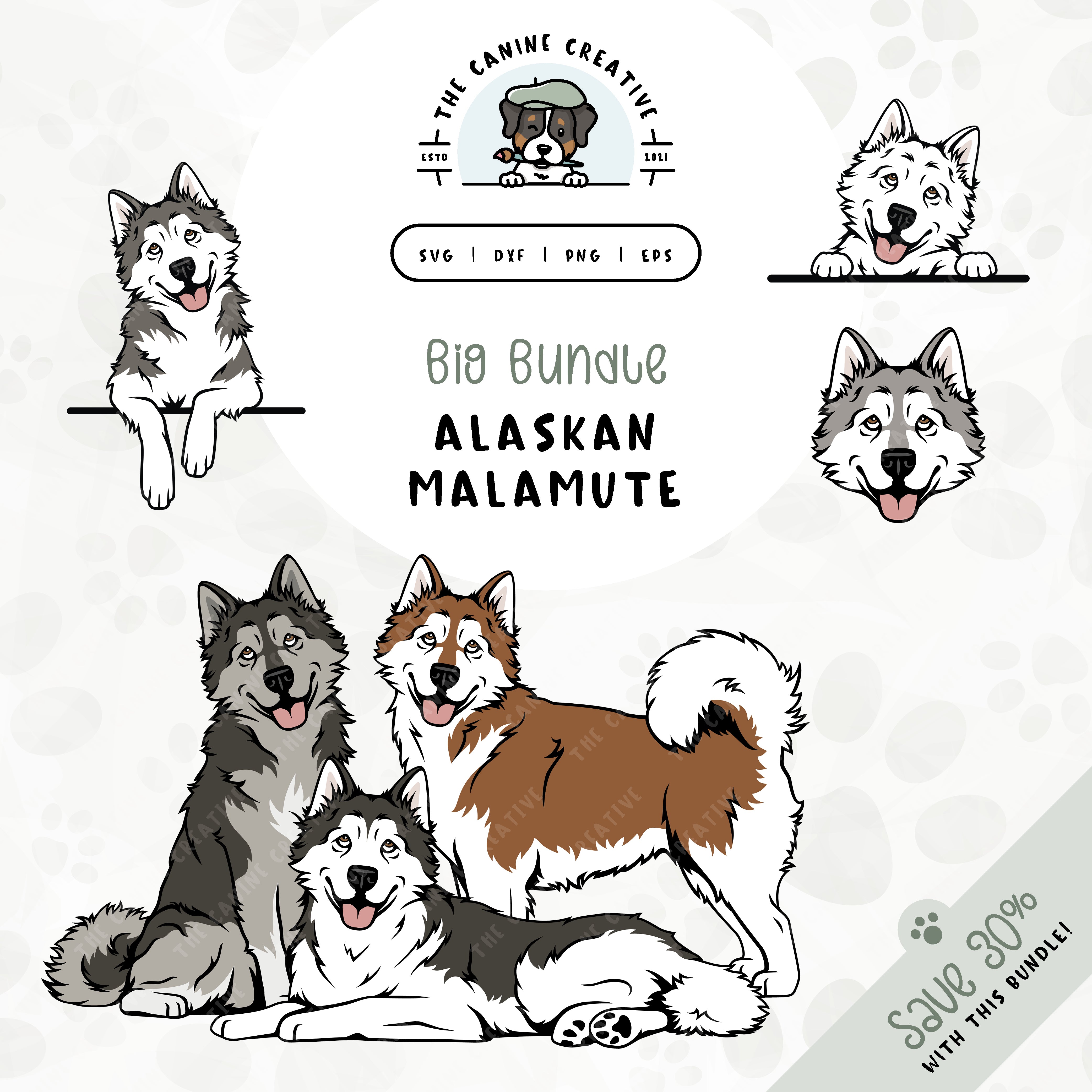 This 6-pack Alaskan Malamute design bundle includes Mally faces and five different poses: sitting, standing, laying down, and peeking (2 options). File formats include: SVG, DXF, PNG, and EPS.