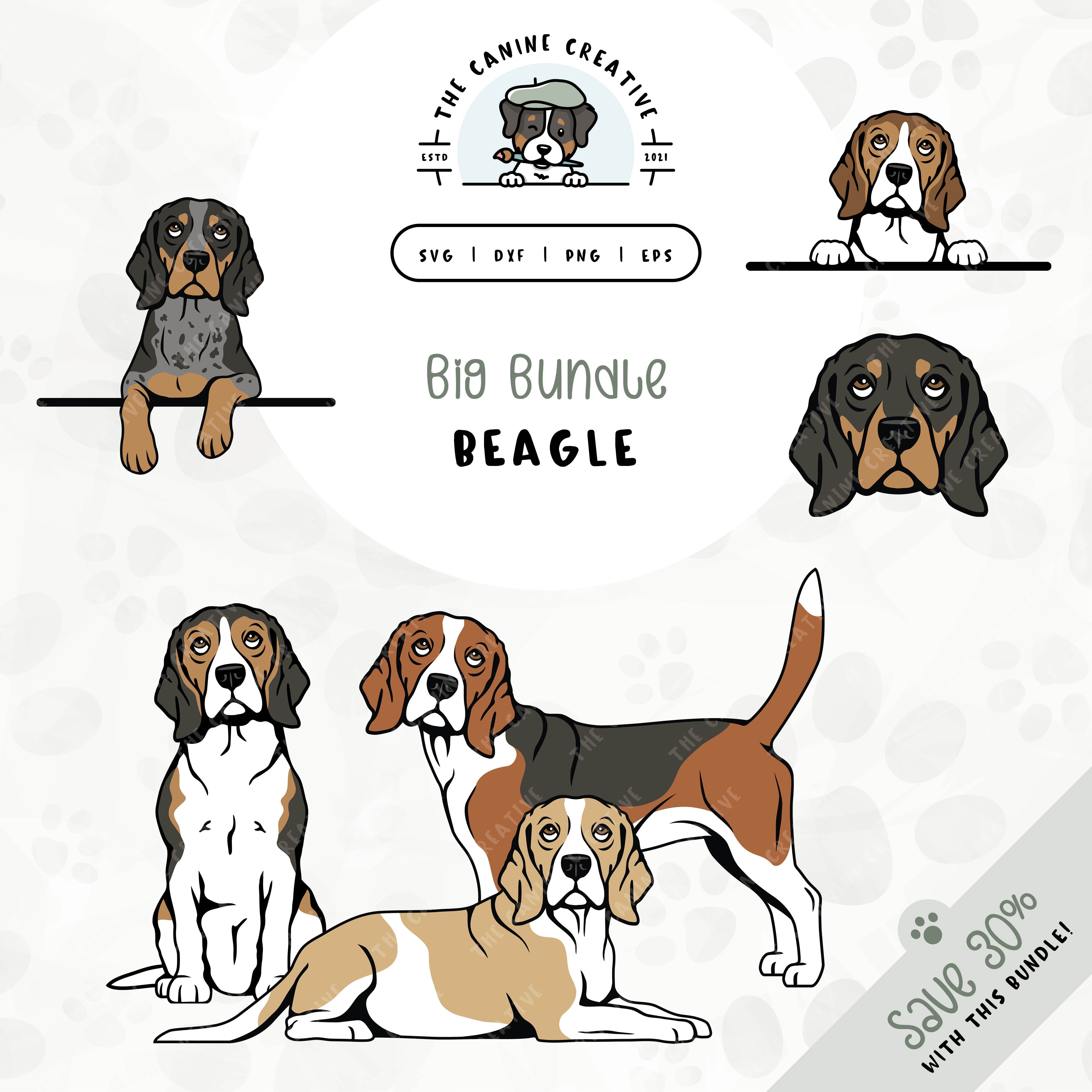 This 6-pack, Beagle design bundle includes dog faces and five different poses: sitting, standing, laying down, and peeking (2 options). File formats include: SVG, DXF, PNG, and EPS.