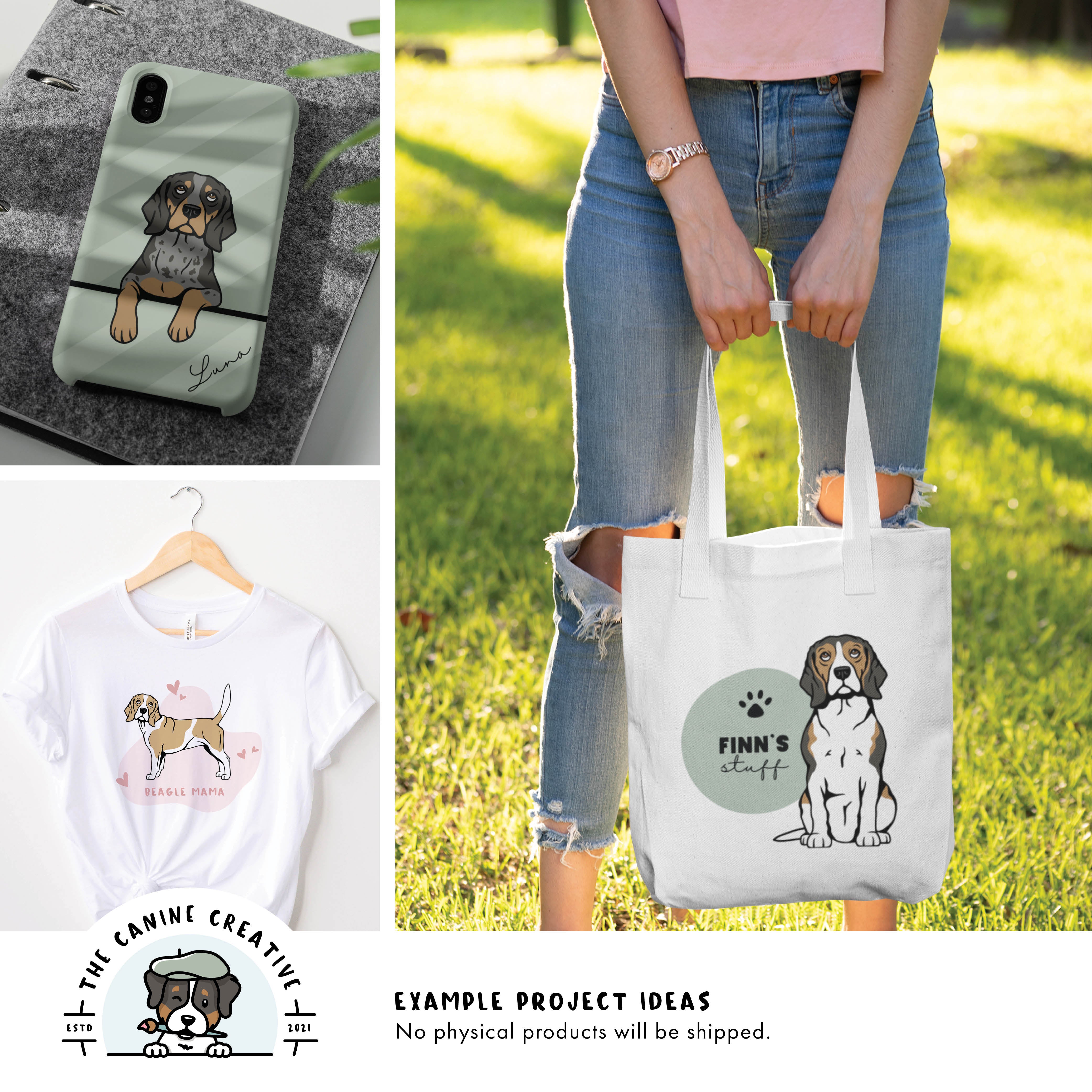 Example project ideas showing designs on a cellphone case, t-shirt, and tote bag.