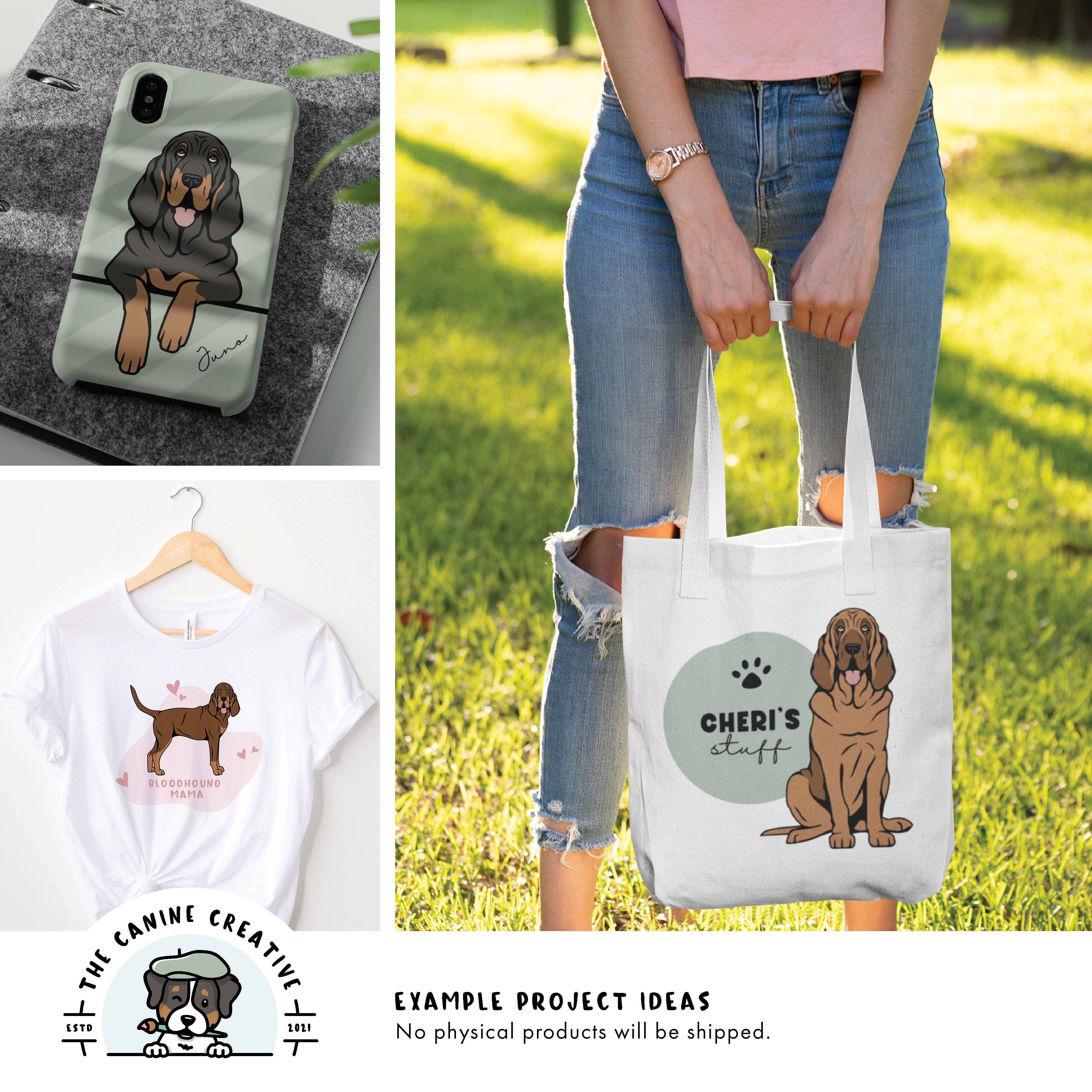 Example project ideas showing designs on a cellphone case, t-shirt, and tote bag.