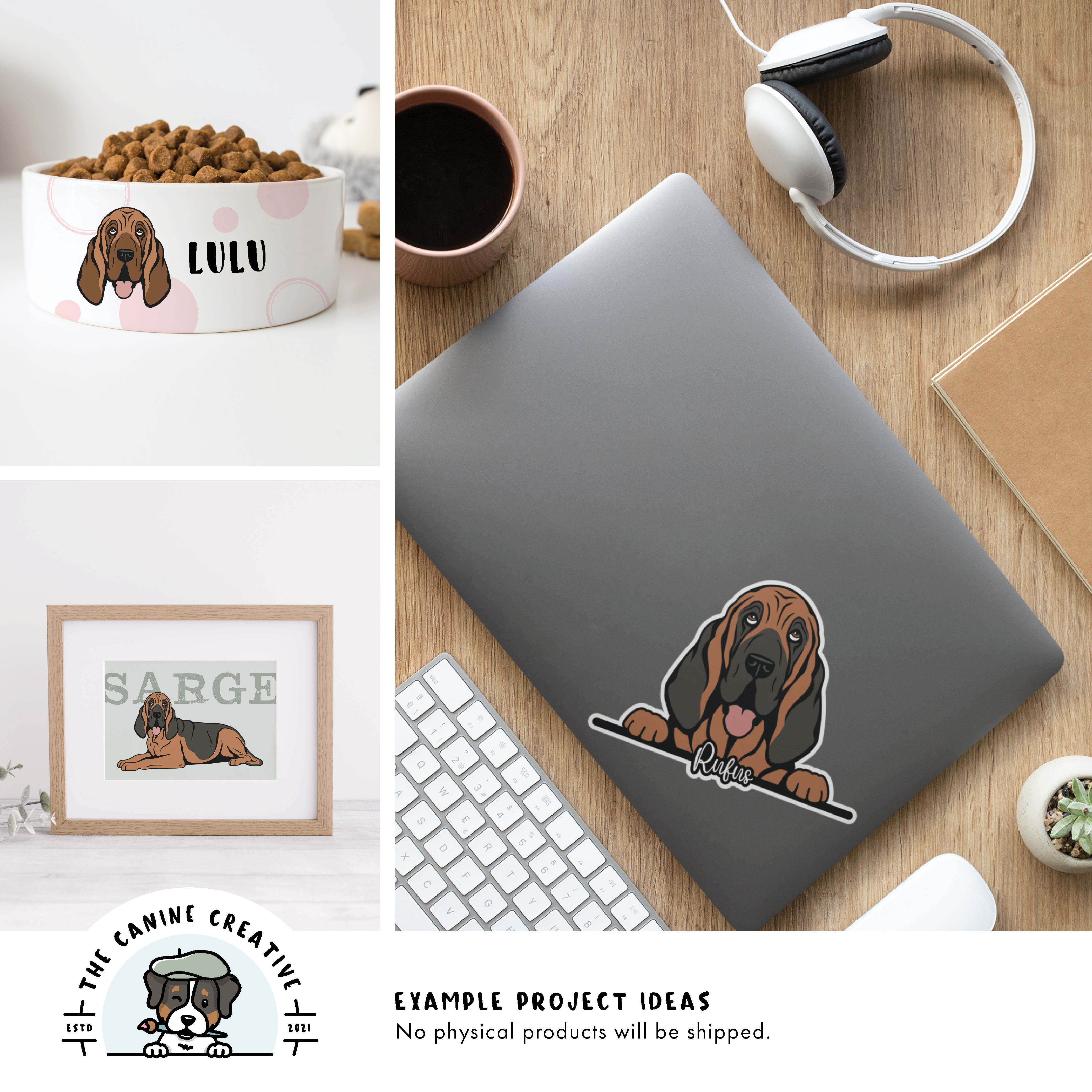 Example project ideas showing designs on a dog food bowl, as framed art, and a sticker on a laptop.