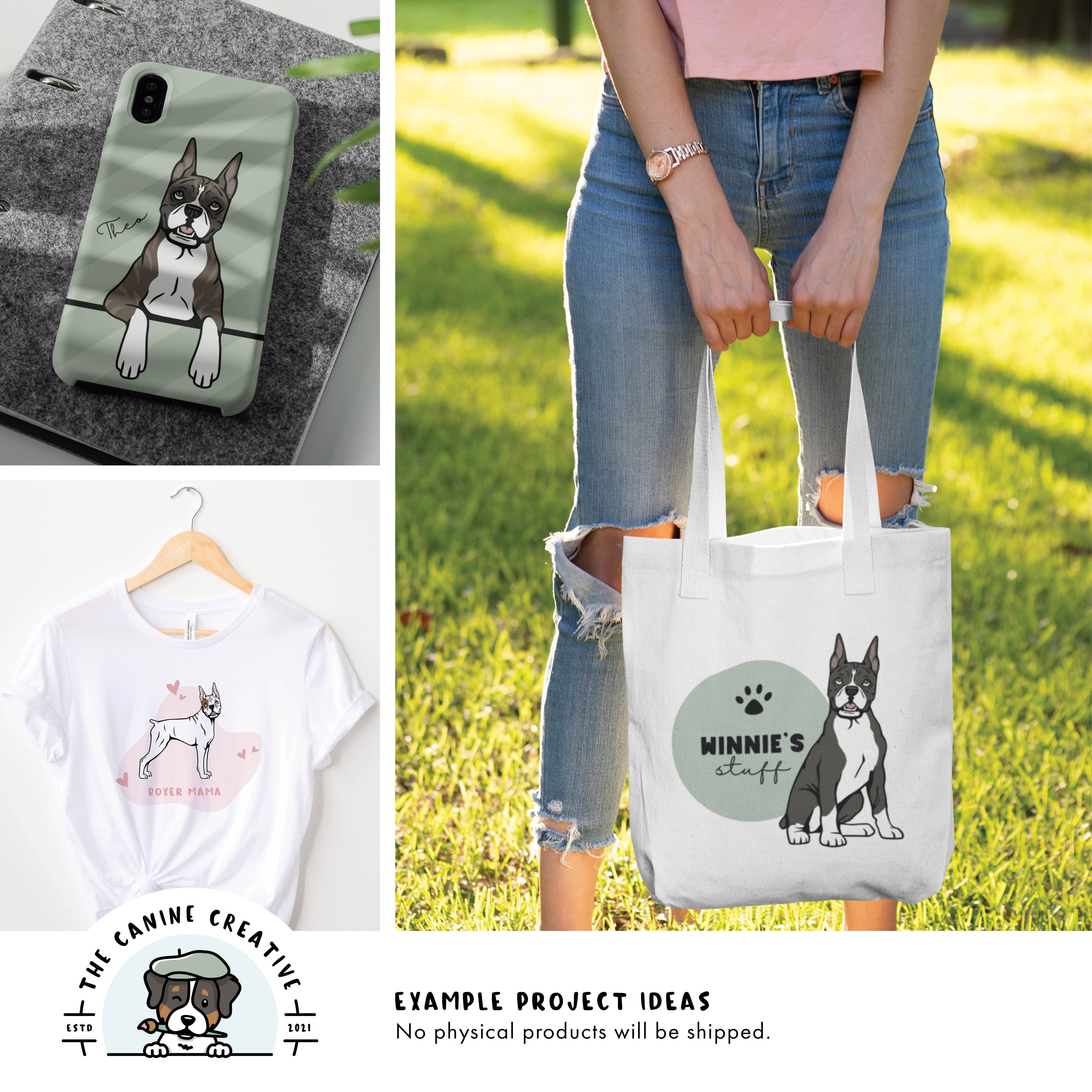 Example project ideas showing designs on a cellphone case, t-shirt, and tote bag.