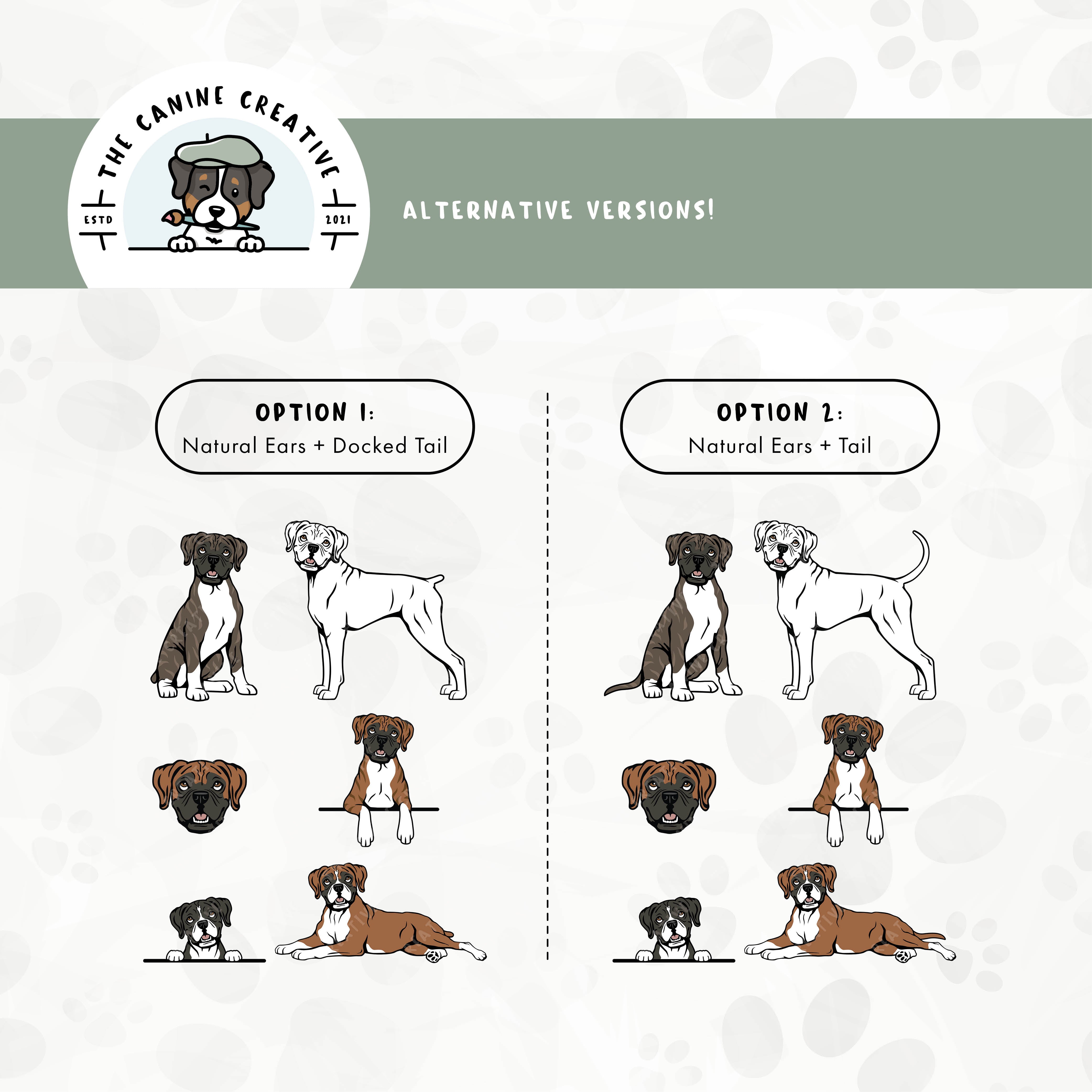 Floppy ear/docked tail and floppy ear/long tail edition is also available for this Boxer dog design bundle.