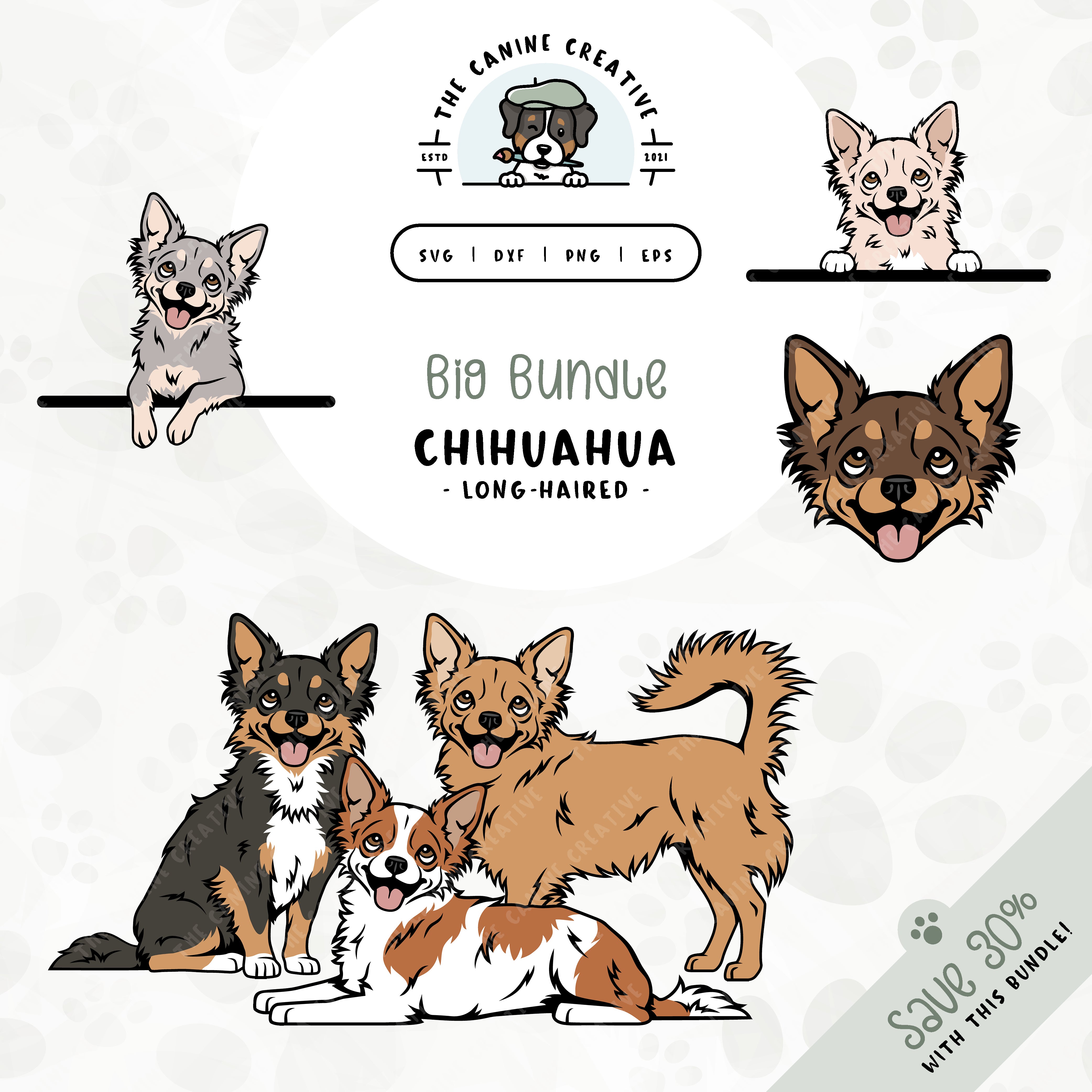 This 6-pack Long Haired Chihuahua design bundle includes dog faces and five different poses: sitting, standing, laying down, and peeking (2 options). File formats include: SVG, DXF, PNG, and EPS.