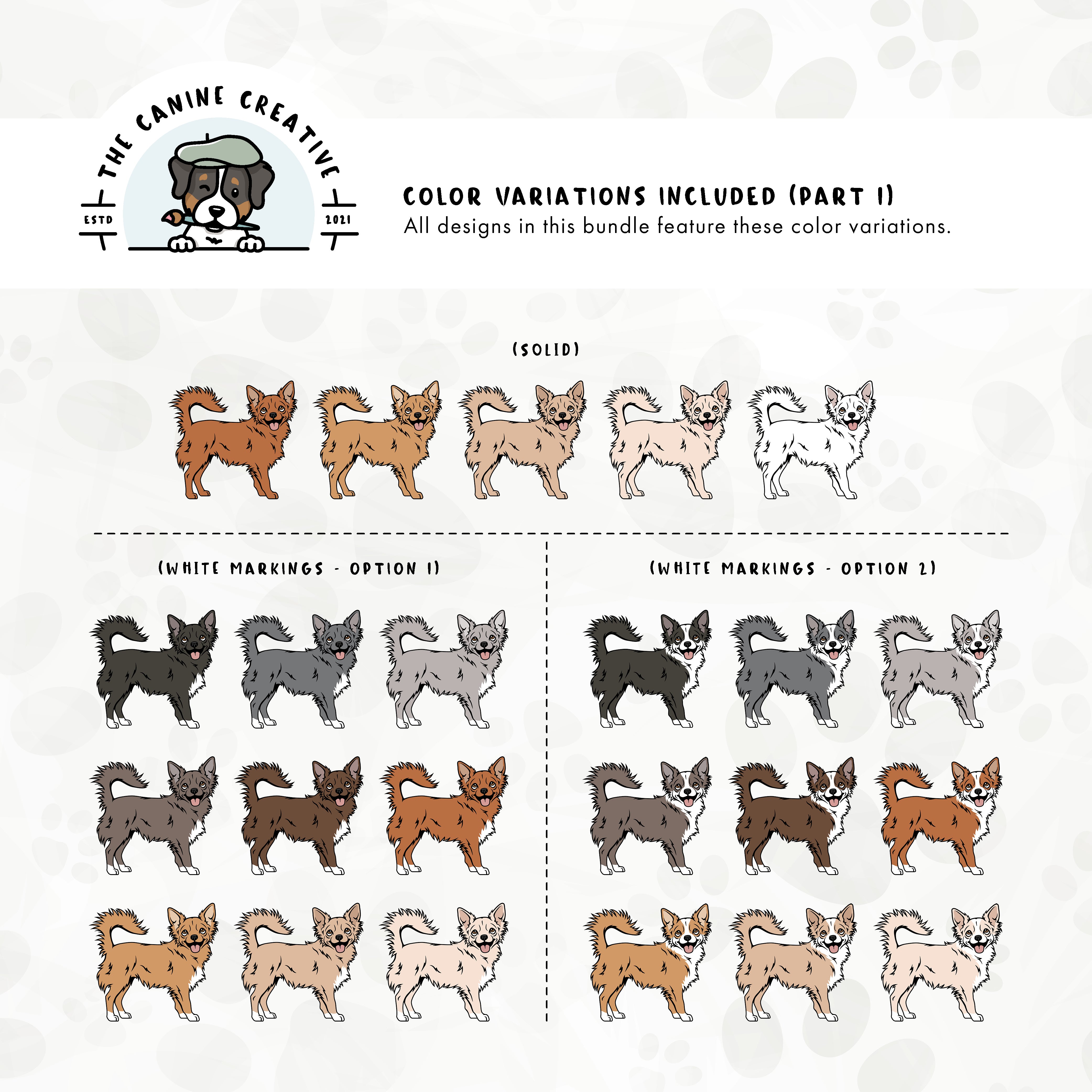 Part 1 of this design set includes common Chihuahua colors, both solid and with white markings.