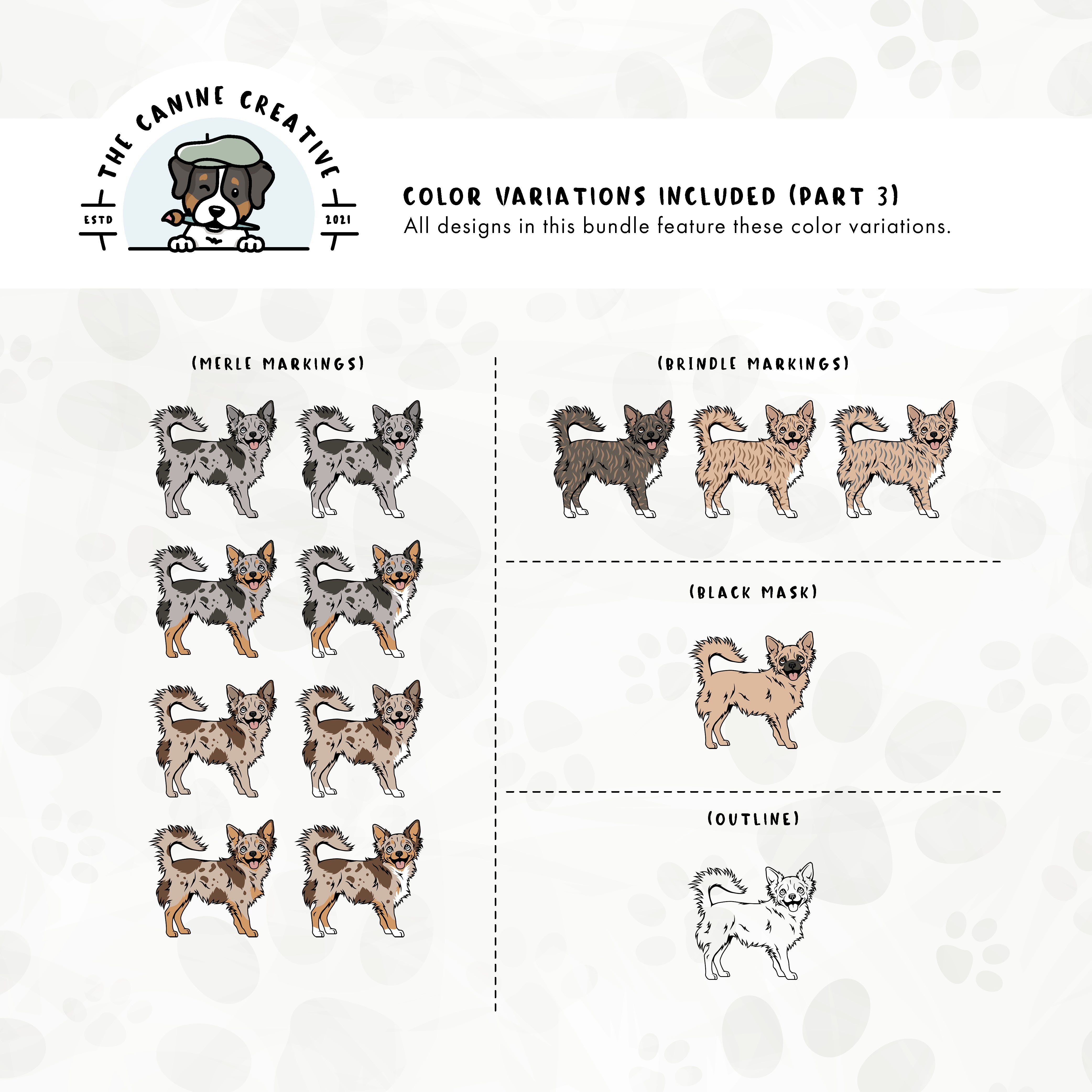Part 3 of this design set includes Chihuahuas with merle, brindle, and black mask markings, along with an outline option.