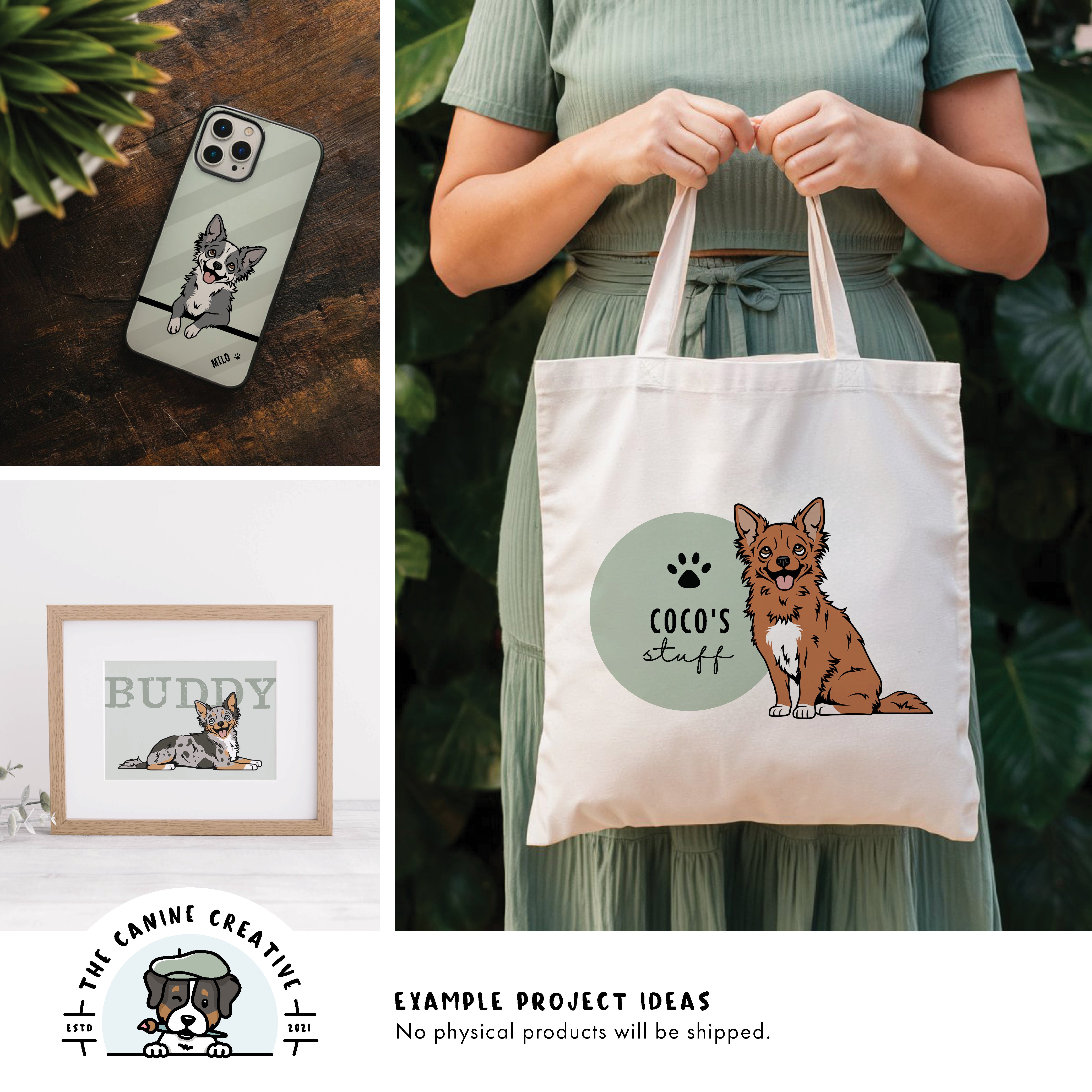 Example project ideas showing designs on a cellphone case and tote bag and as framed art.