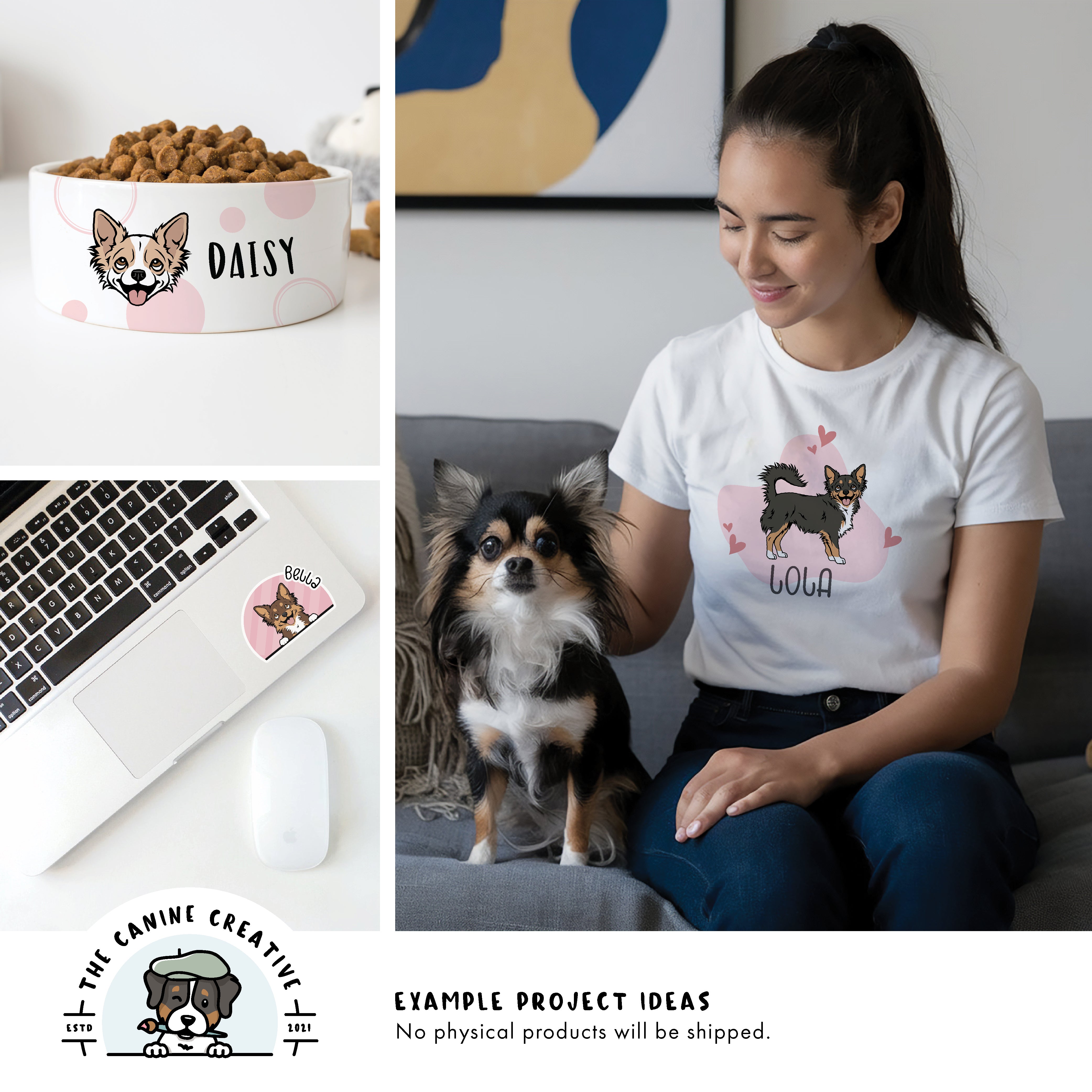 Example project ideas showing designs on a dog food bowl, a t-shirt, and a sticker on a laptop.