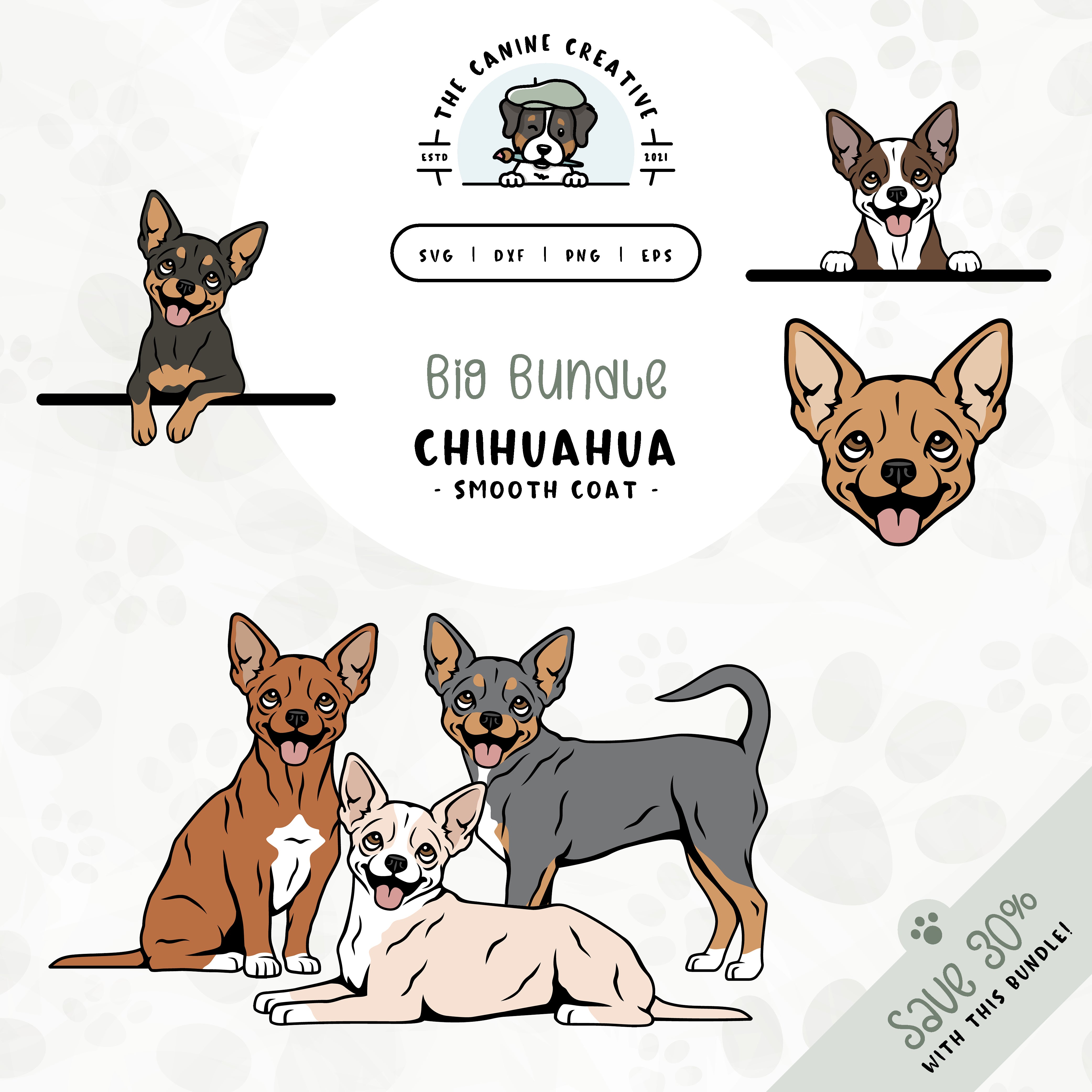 This 6-pack Smooth Coat Chihuahua design bundle includes dog faces and five different poses: sitting, standing, laying down, and peeking (2 options). File formats include: SVG, DXF, PNG, and EPS.