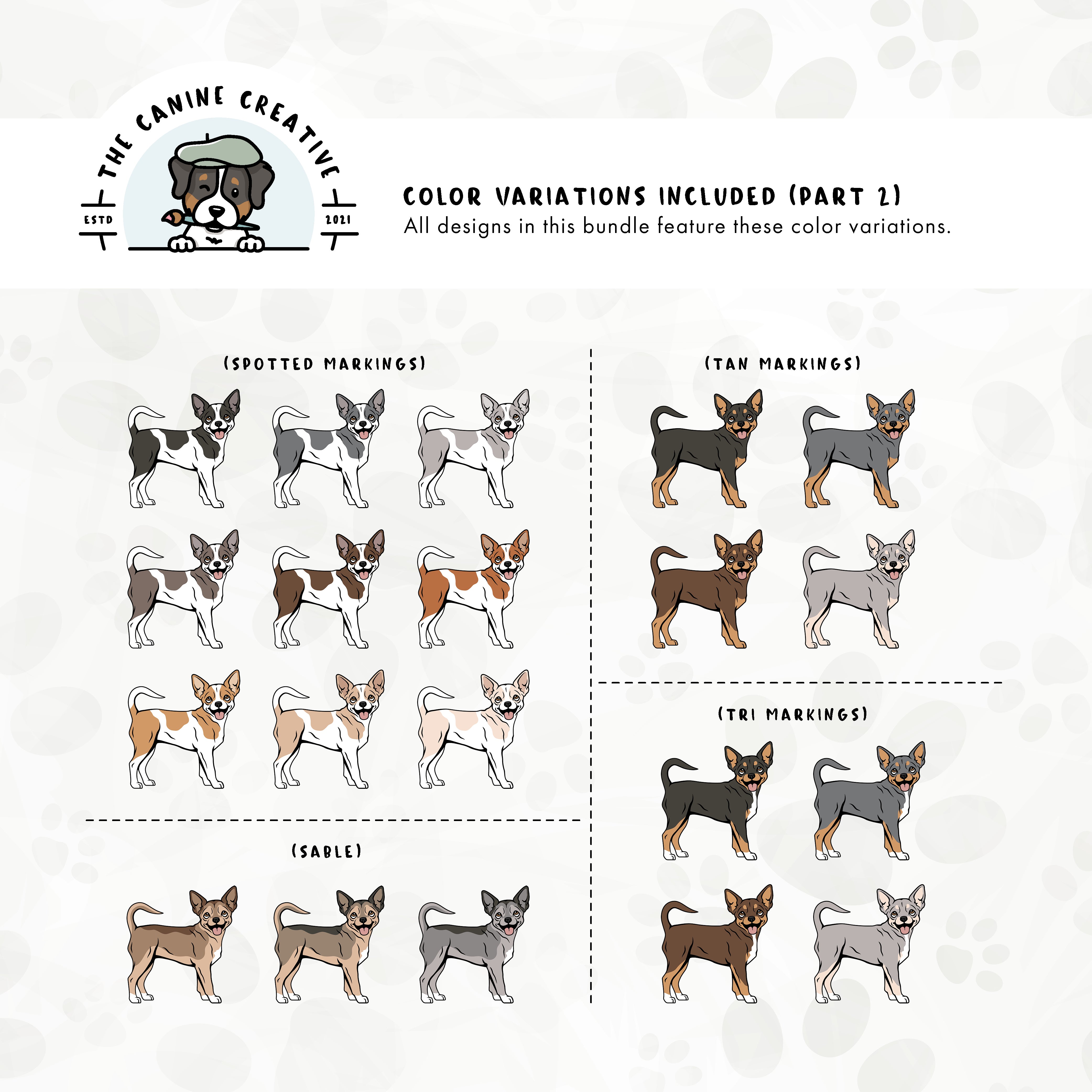 Part 2 of this design bundle features Chihuahuas with spotted, sable, tan, and tri-color markings.