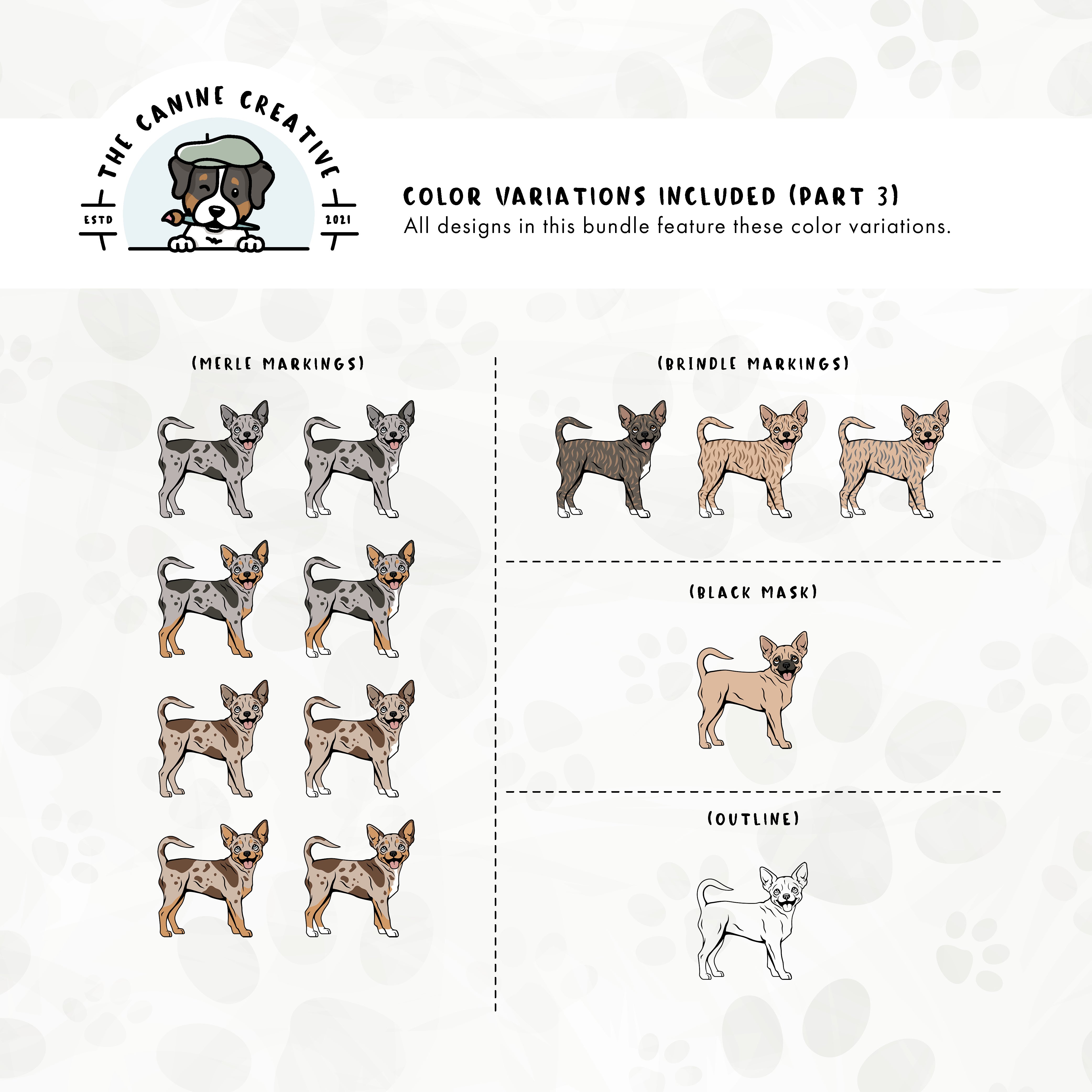 Part 3 of this design bundle includes Chihuahuas with merle, brindle, and black mask markings, along with an outline option.