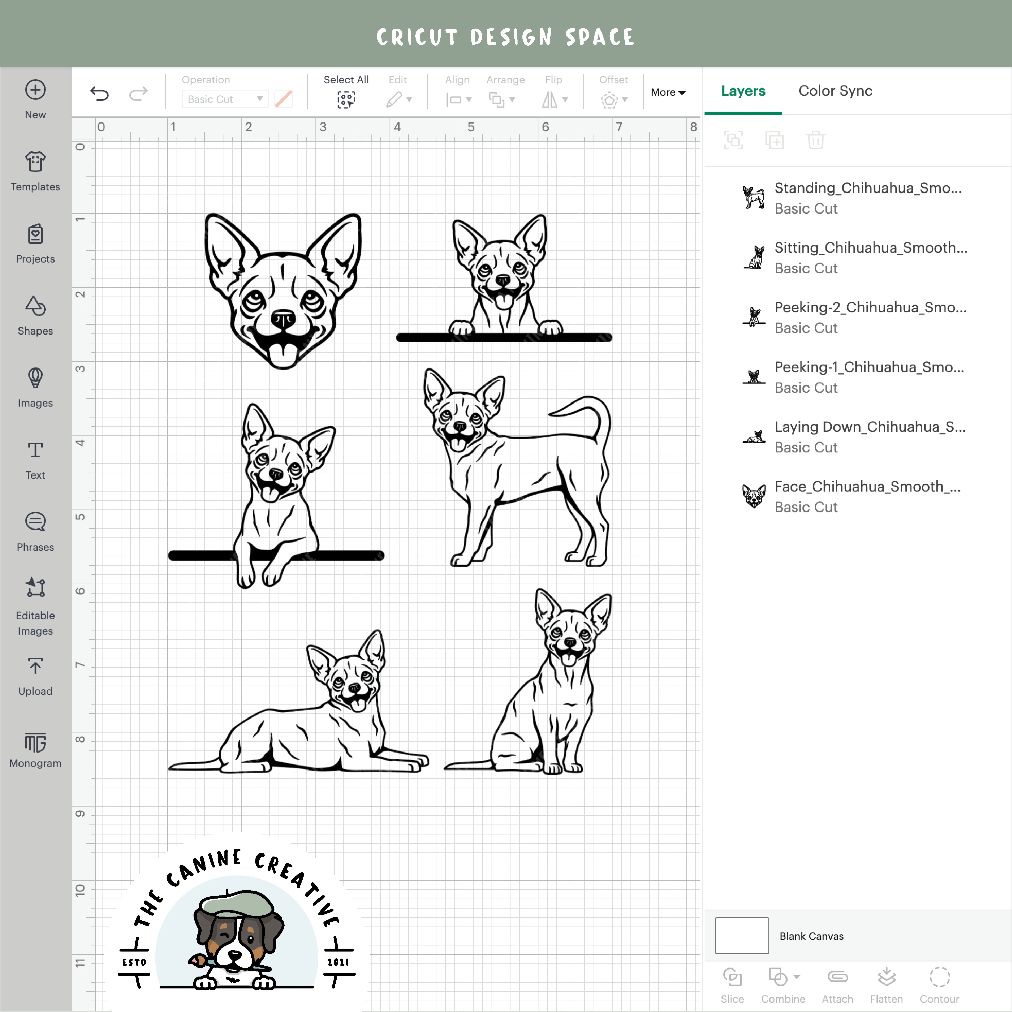 Screenshot showing outline variations of designs inside Cricut Design Space.