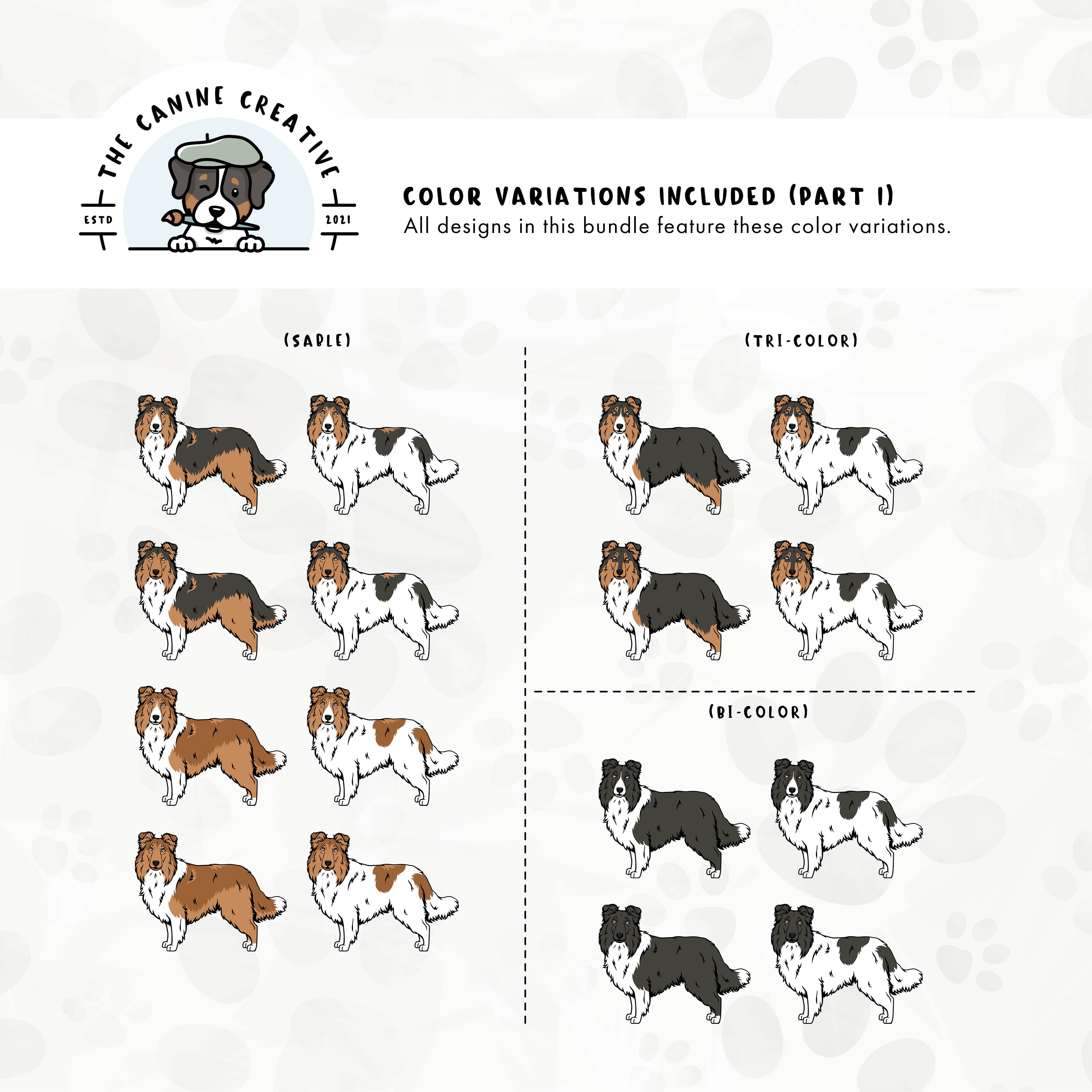 Part 1 of dog color variations for each design in this bundle includes bi-black, sable, and tri-color in standard and white-factored markings.