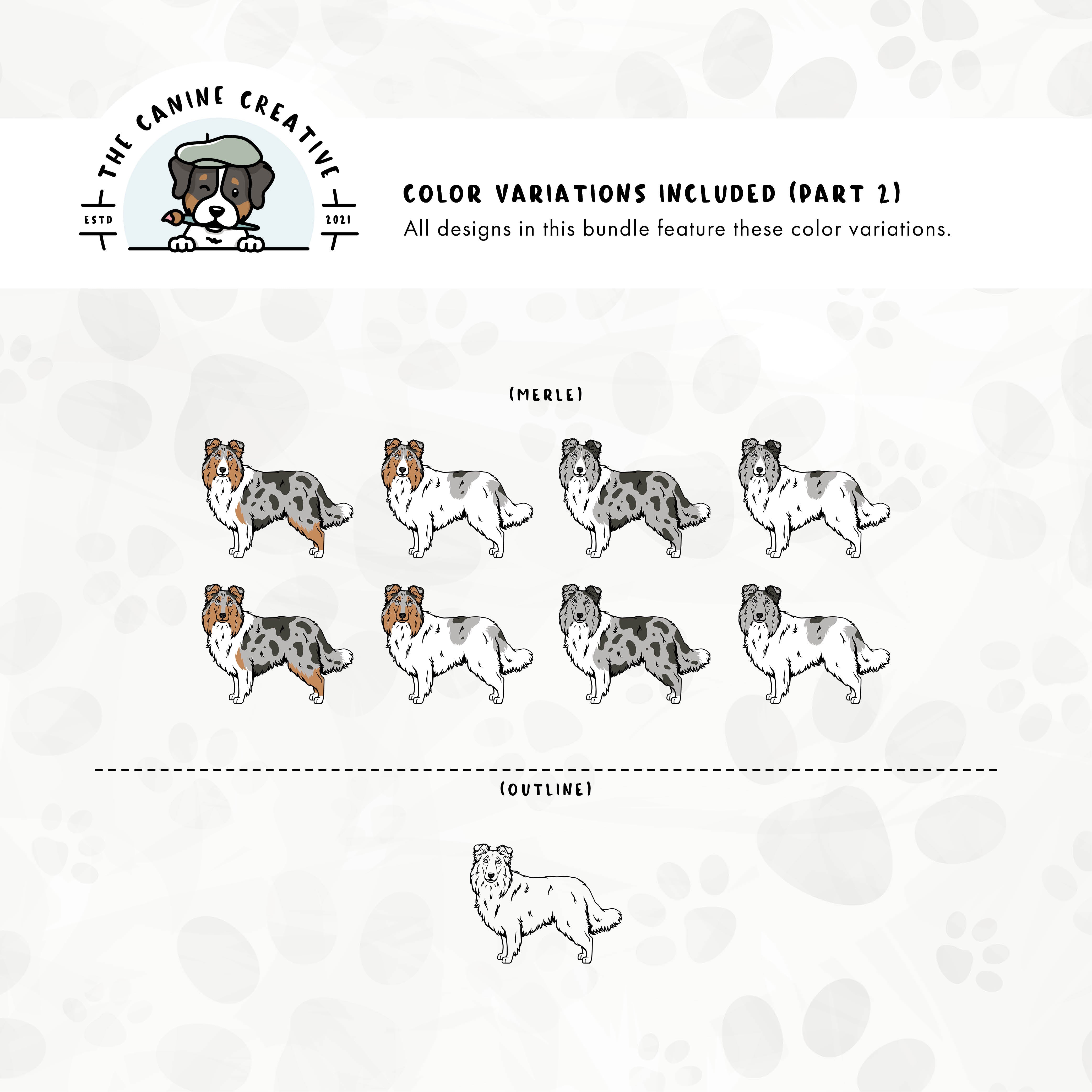 Part 2 of dog color variations for each design in this bundle includes bi-blue and merle in standard and white-factored markings as well as an outline version.