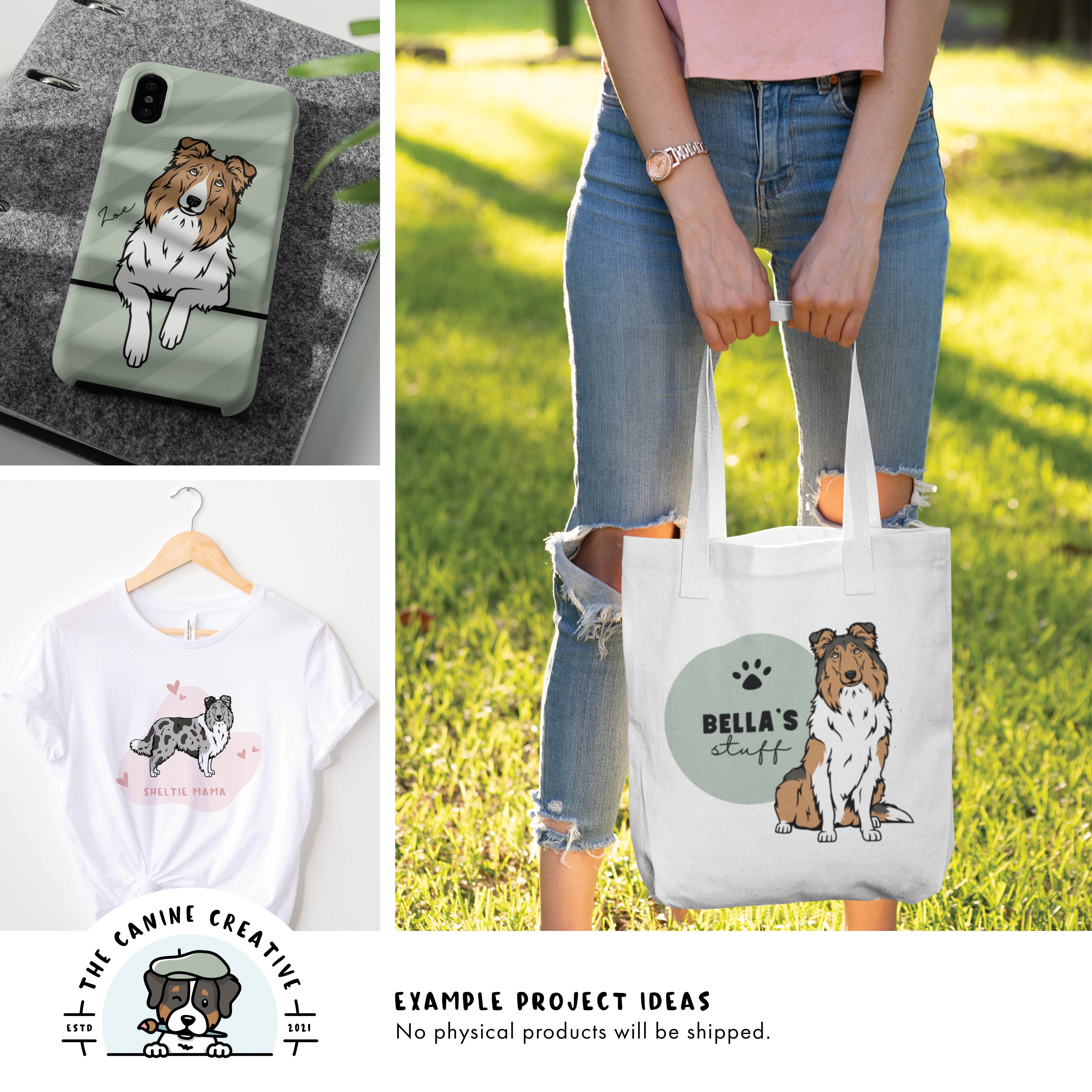 Image collage featuring various project examples using designs, including: cellphone case, t-shirt, and tote bag.