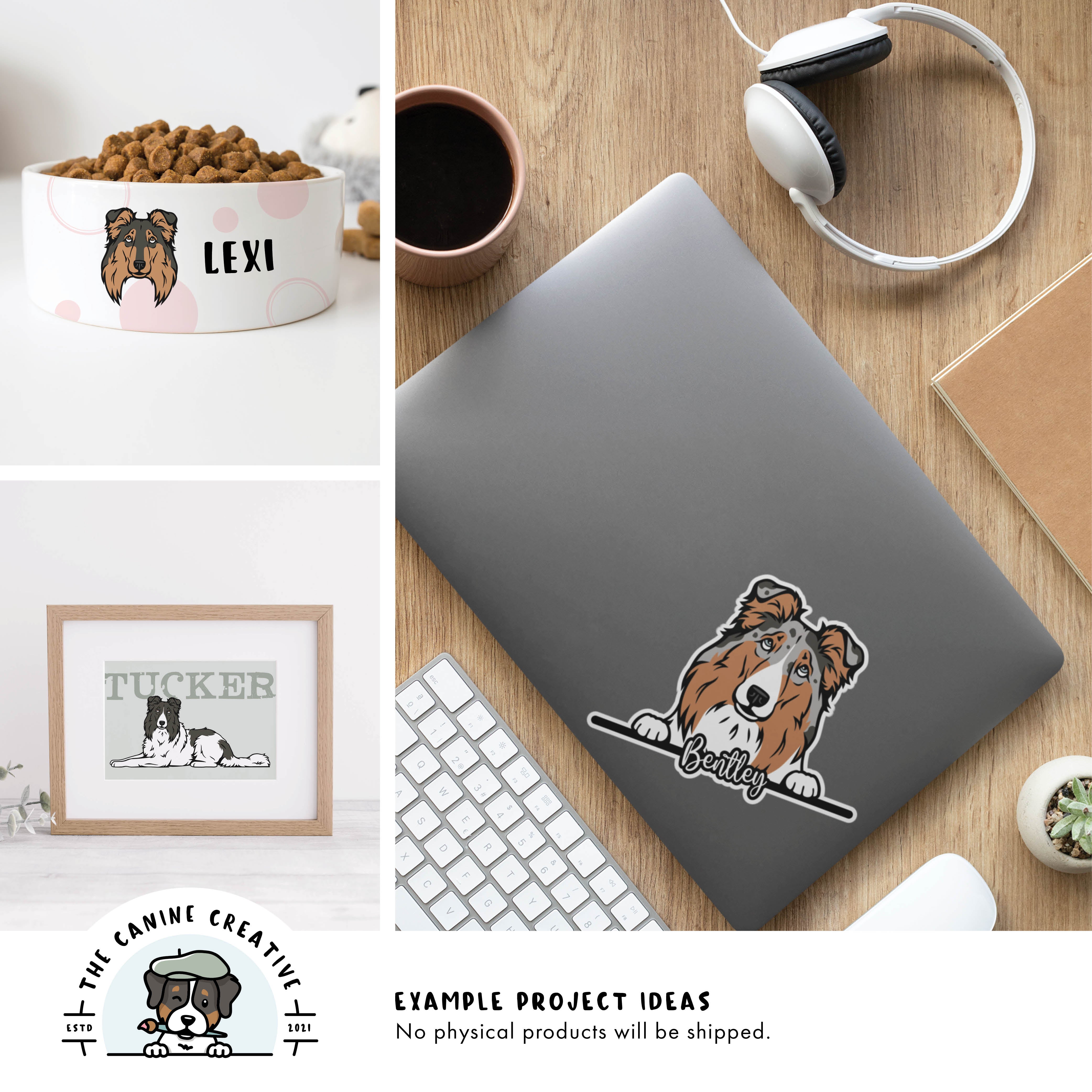 Image collage featuring various project examples using designs, including: dog food bowl, framed art, and a sticker on a laptop.