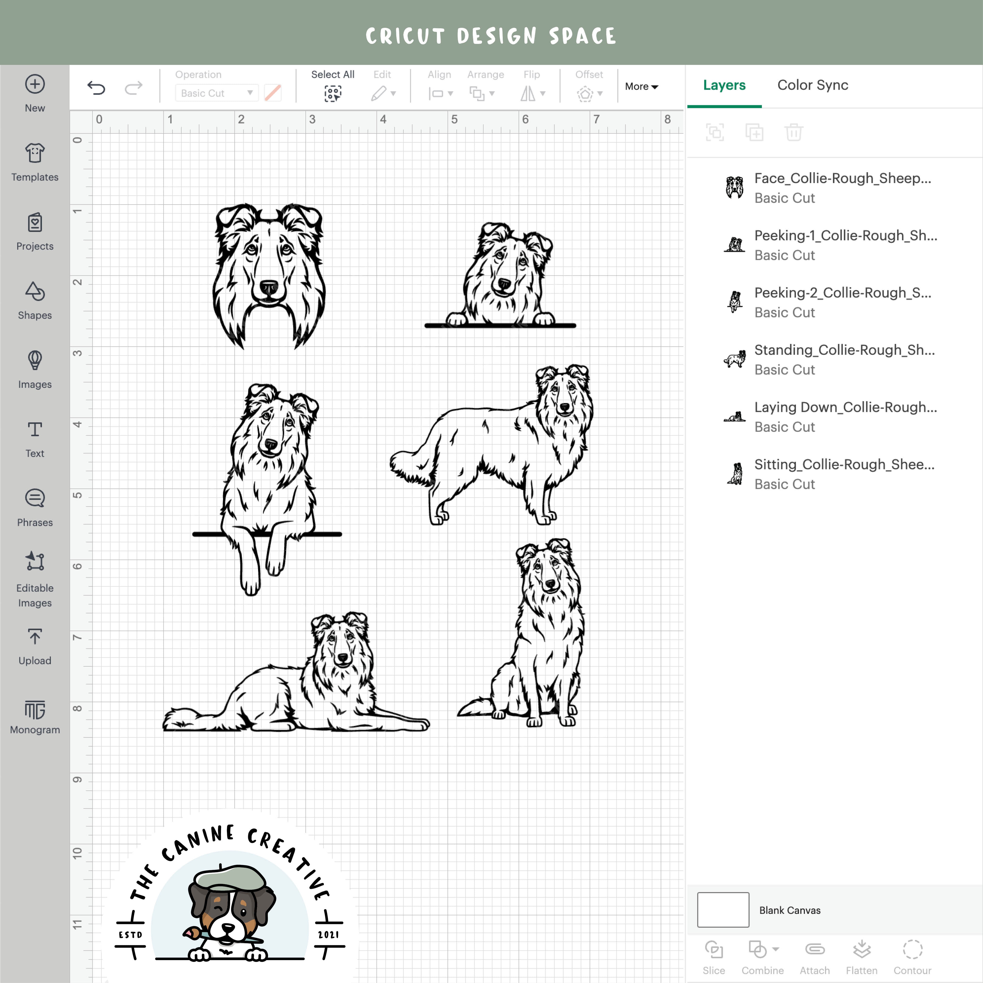 Screenshot showing outline designs inside Cricut Design Space.