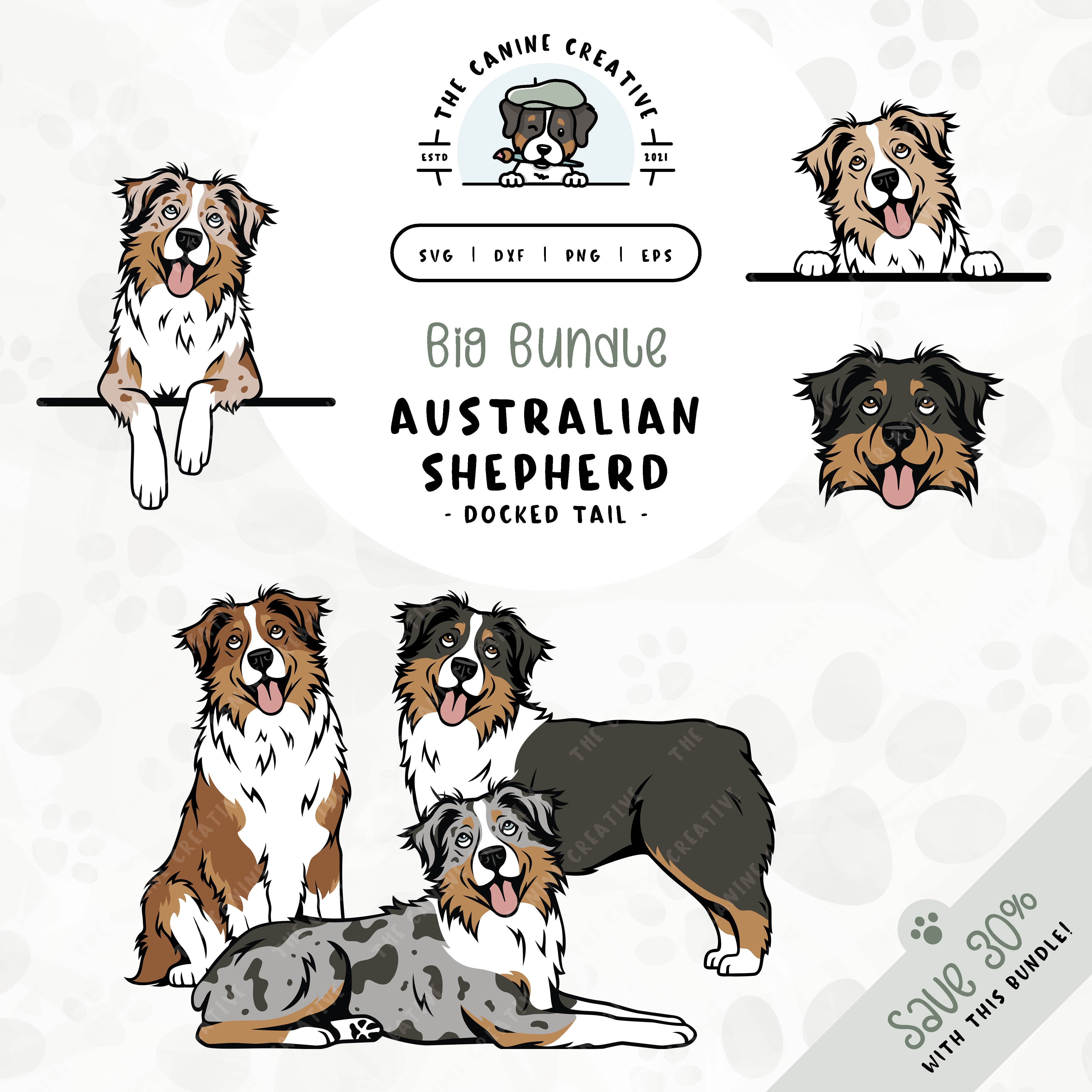 This 6-pack Australian Shepherd design bundle includes Aussie faces and five different poses: sitting, standing, laying down, and peeking (2 options). File formats include: SVG, DXF, PNG, and EPS.