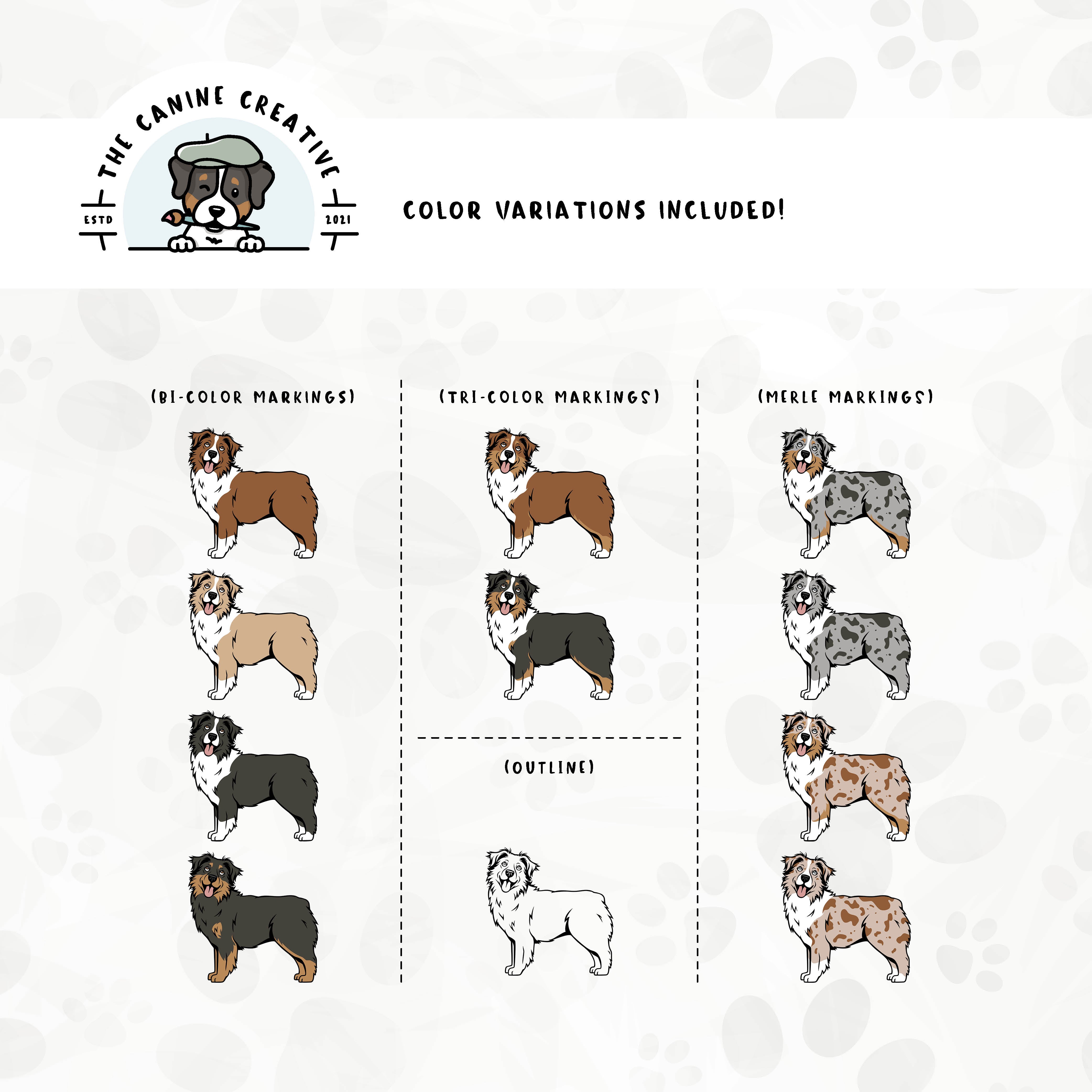 Dog color variations for each design in this bundle include common color and marking variations found in Aussies (bi, tri, and Merle), as well as an outline option. 