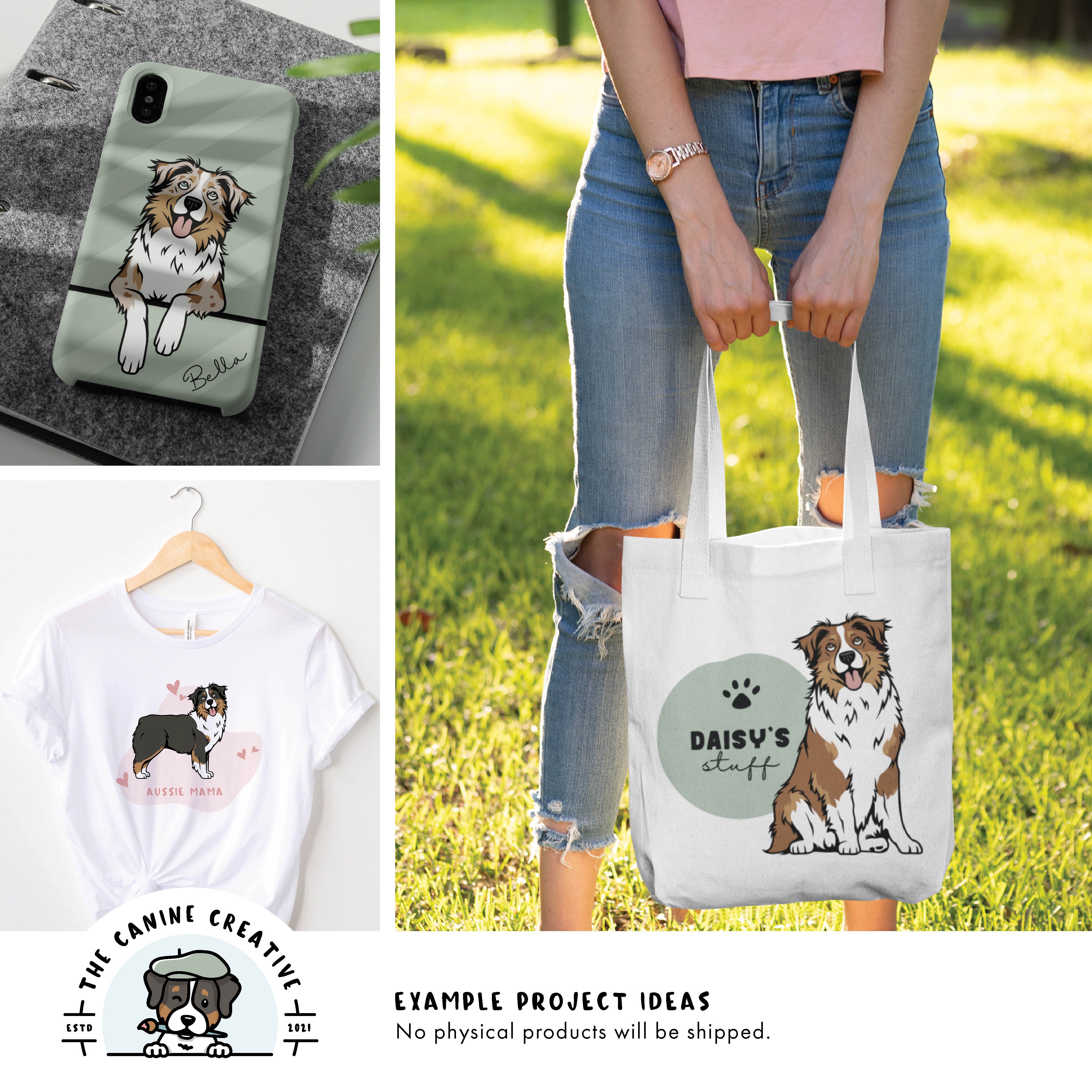 Example project ideas showing designs on a cellphone case, t-shirt, and tote bag.