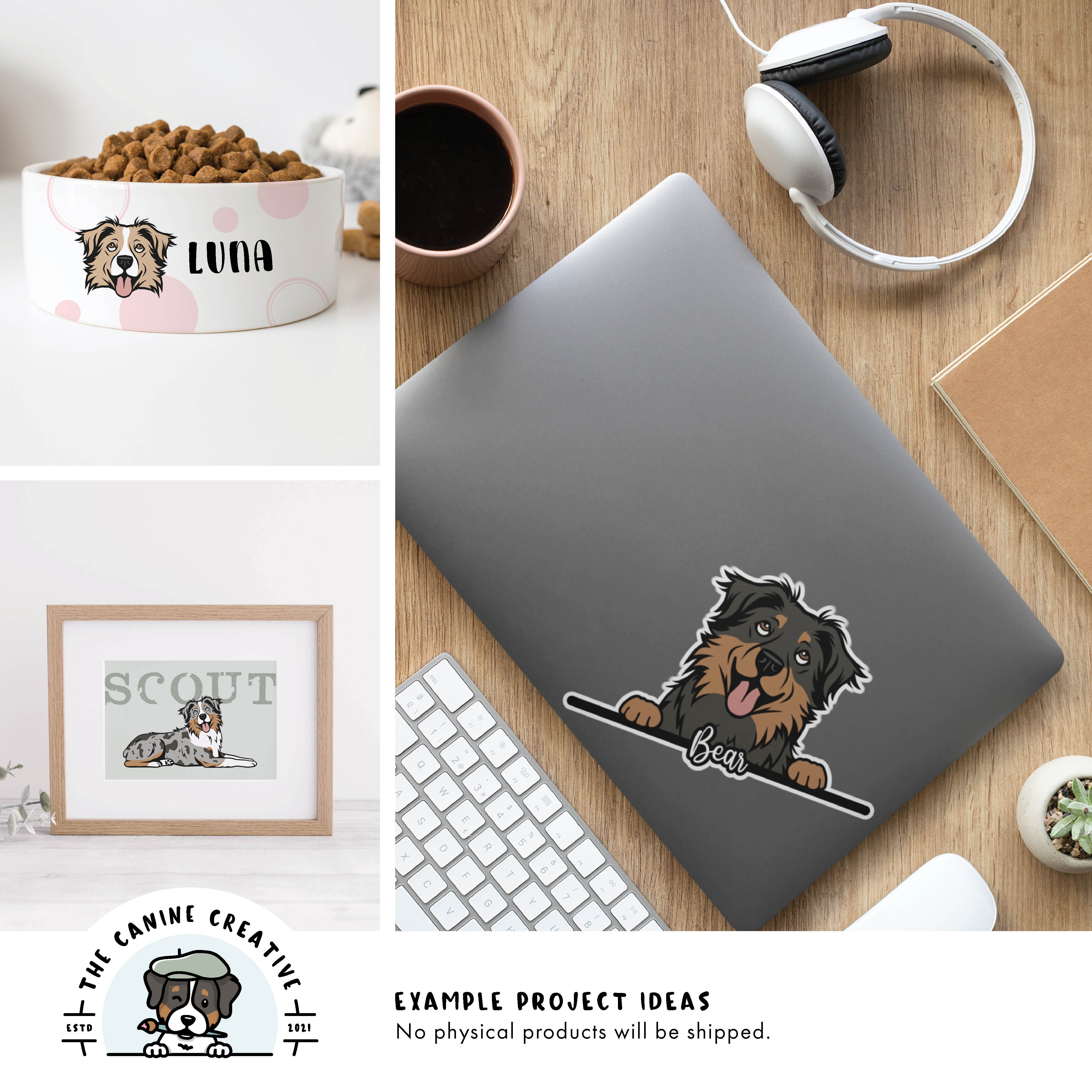 Example project ideas showing designs on a dog food bowl, as framed art, and a sticker on a laptop.