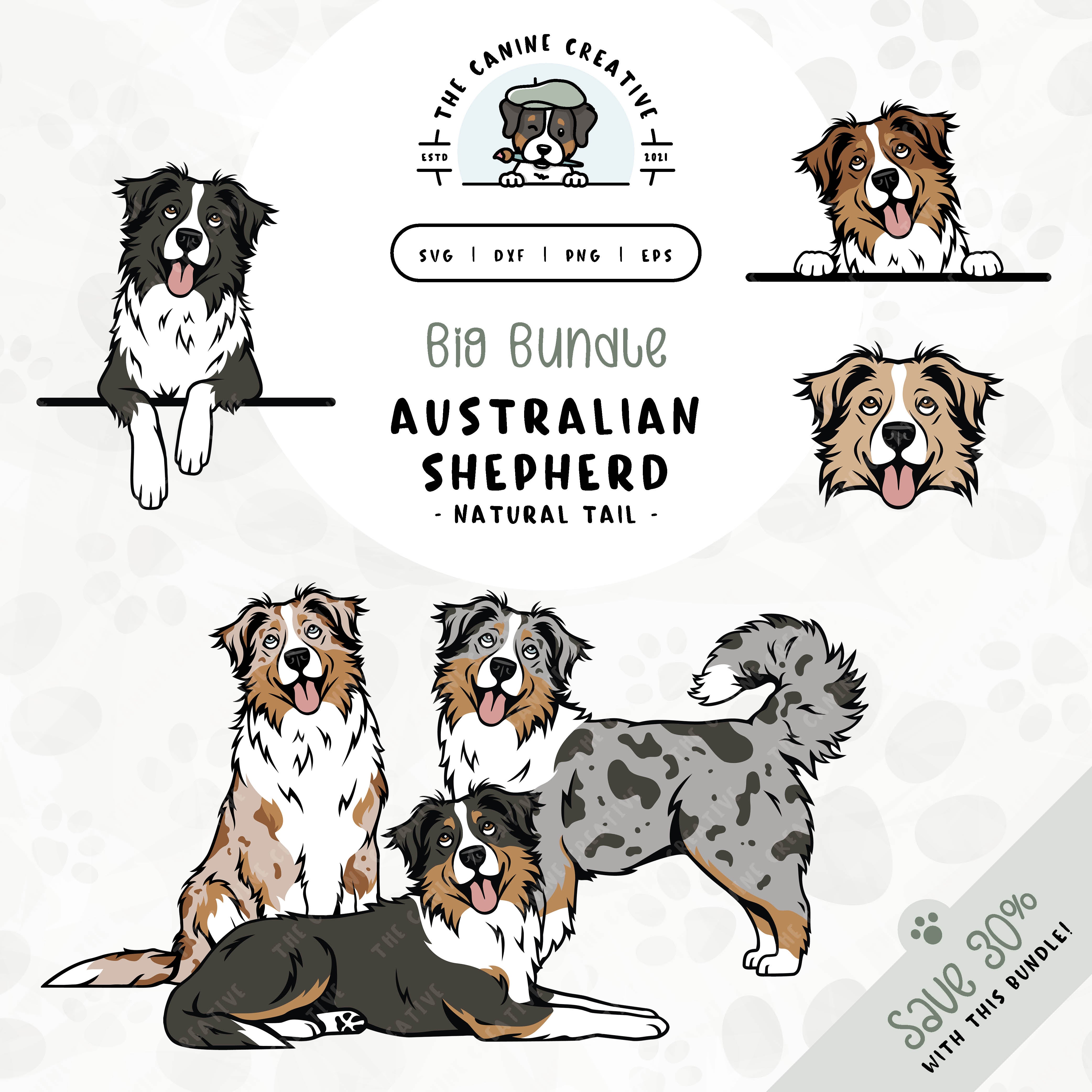 This 6-pack, long tail, Australian Shepherd design bundle includes Aussie faces and five different poses: sitting, standing, laying down, and peeking (2 options). File formats include: SVG, DXF, PNG, and EPS.