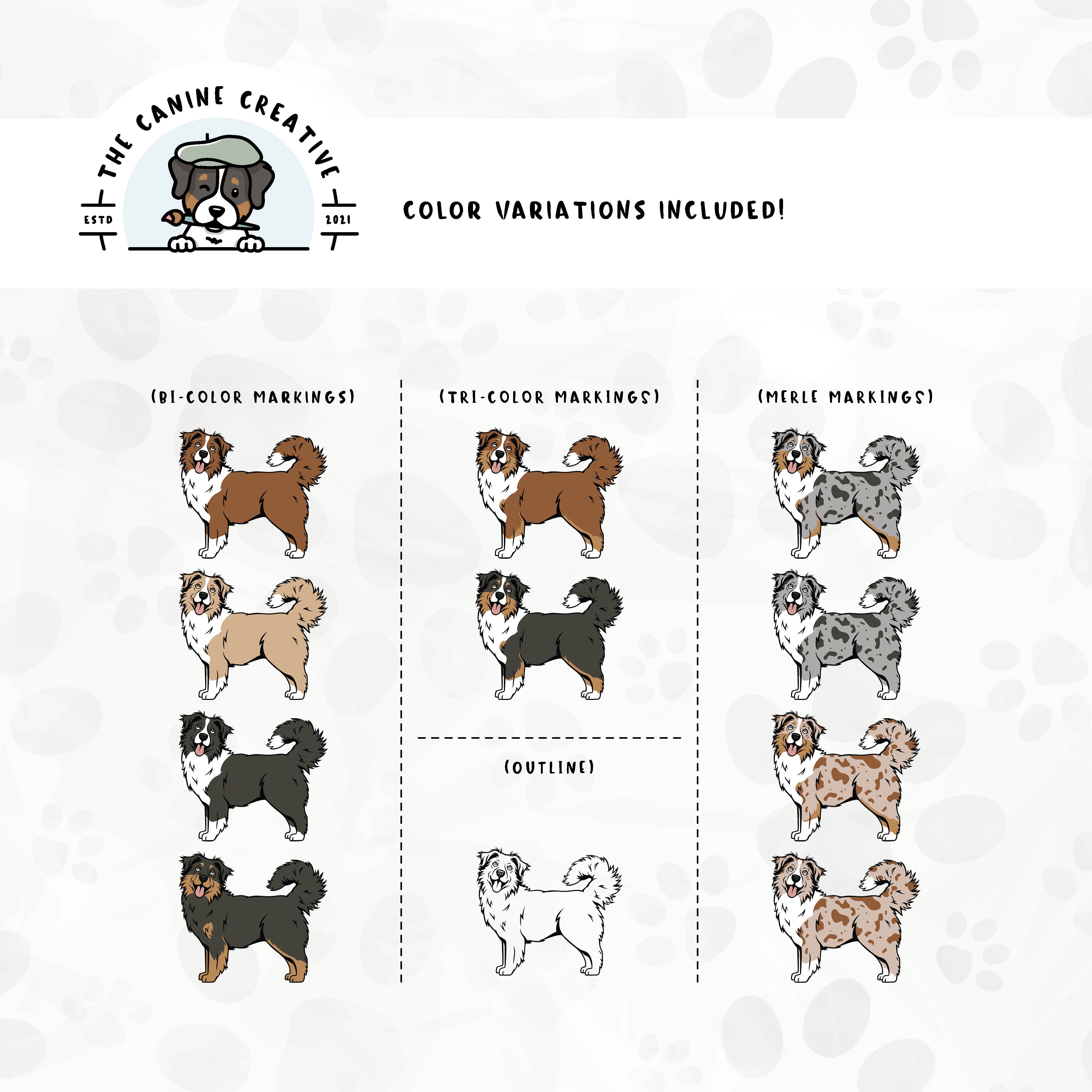 Dog color variations for each design in this bundle include common color and marking variations found in Aussies (bi, tri, and Merle), as well as an outline option. 