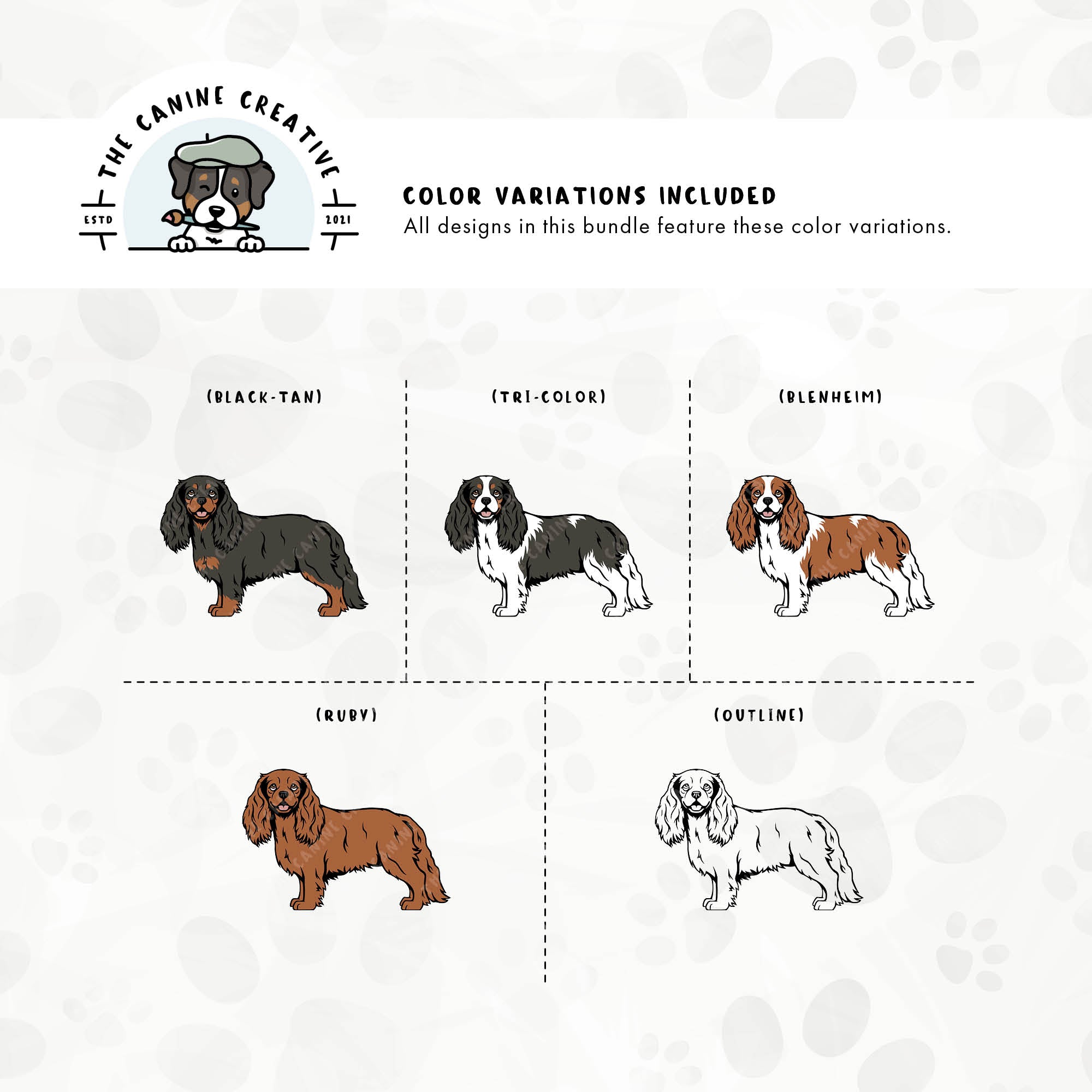 Dog color variations for this Cavalier King Charles Spaniel design set includes common color and marking variations found in this breed (blenheim, tri-color, black-tan, and ruby), as well as an outline option.