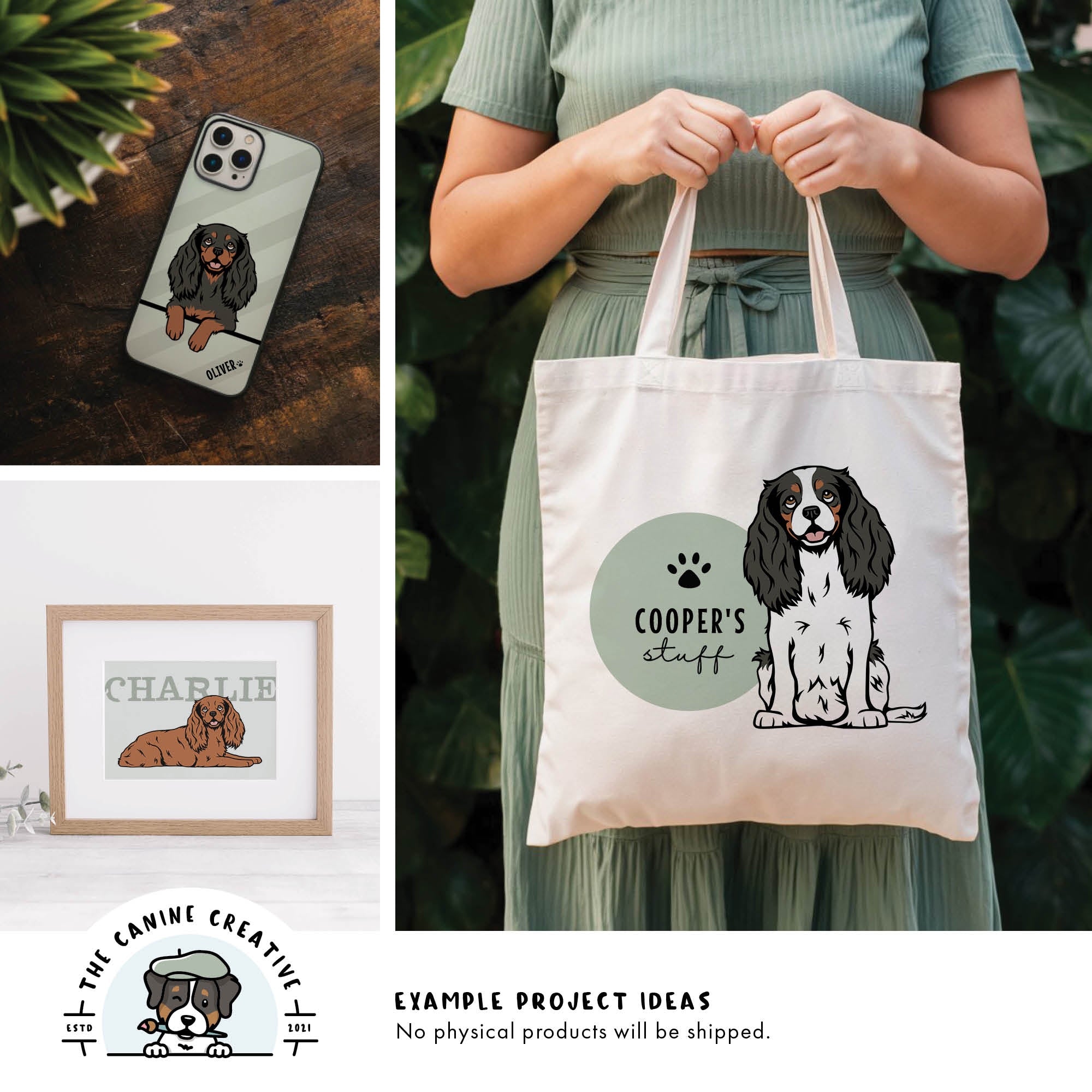 Example project ideas showing designs on a cellphone case and tote bag and as framed art.