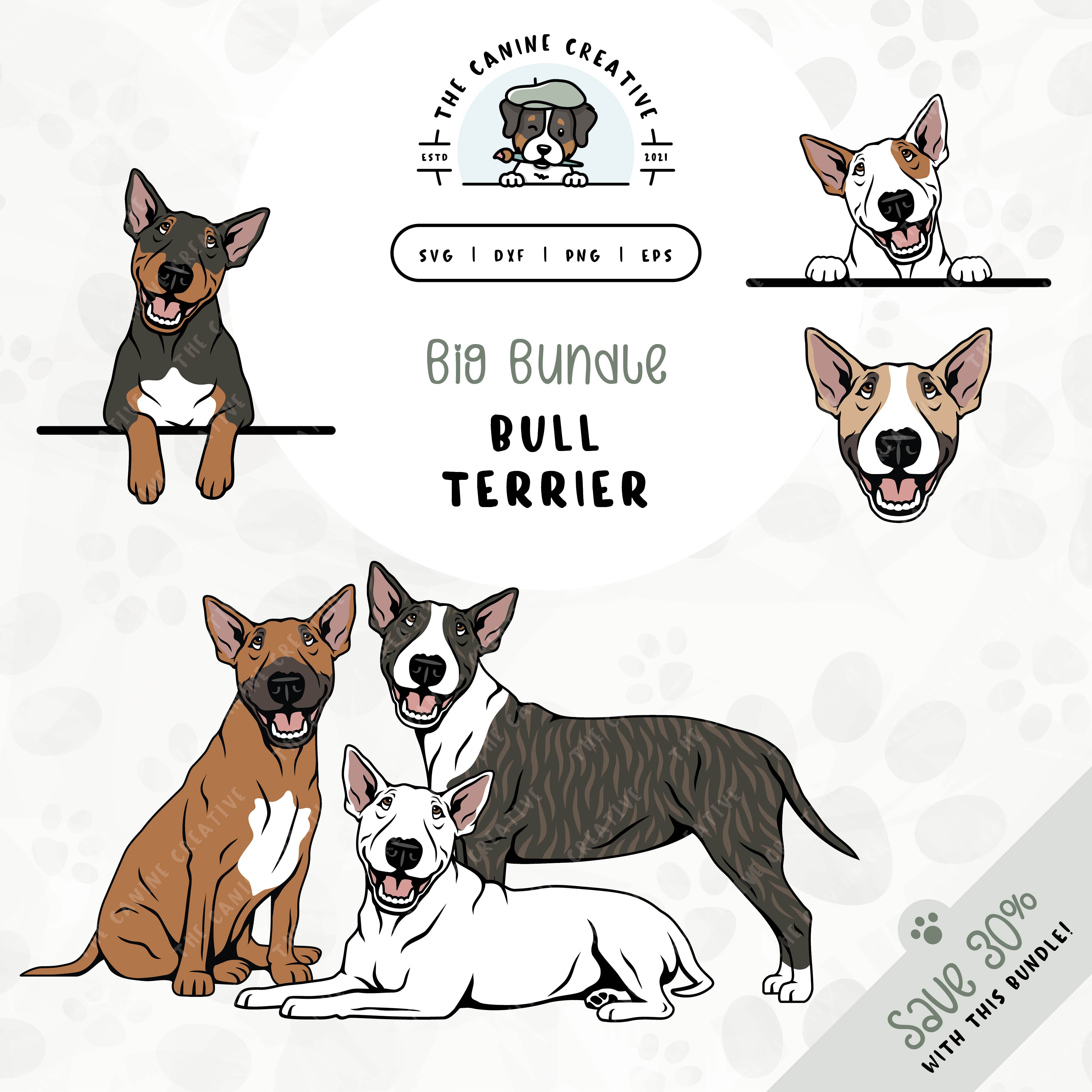 This 6-pack, Bull Terrier design bundle includes dog faces and five different poses: sitting, standing, laying down, and peeking (2 options). File formats include: SVG, DXF, PNG, and EPS.