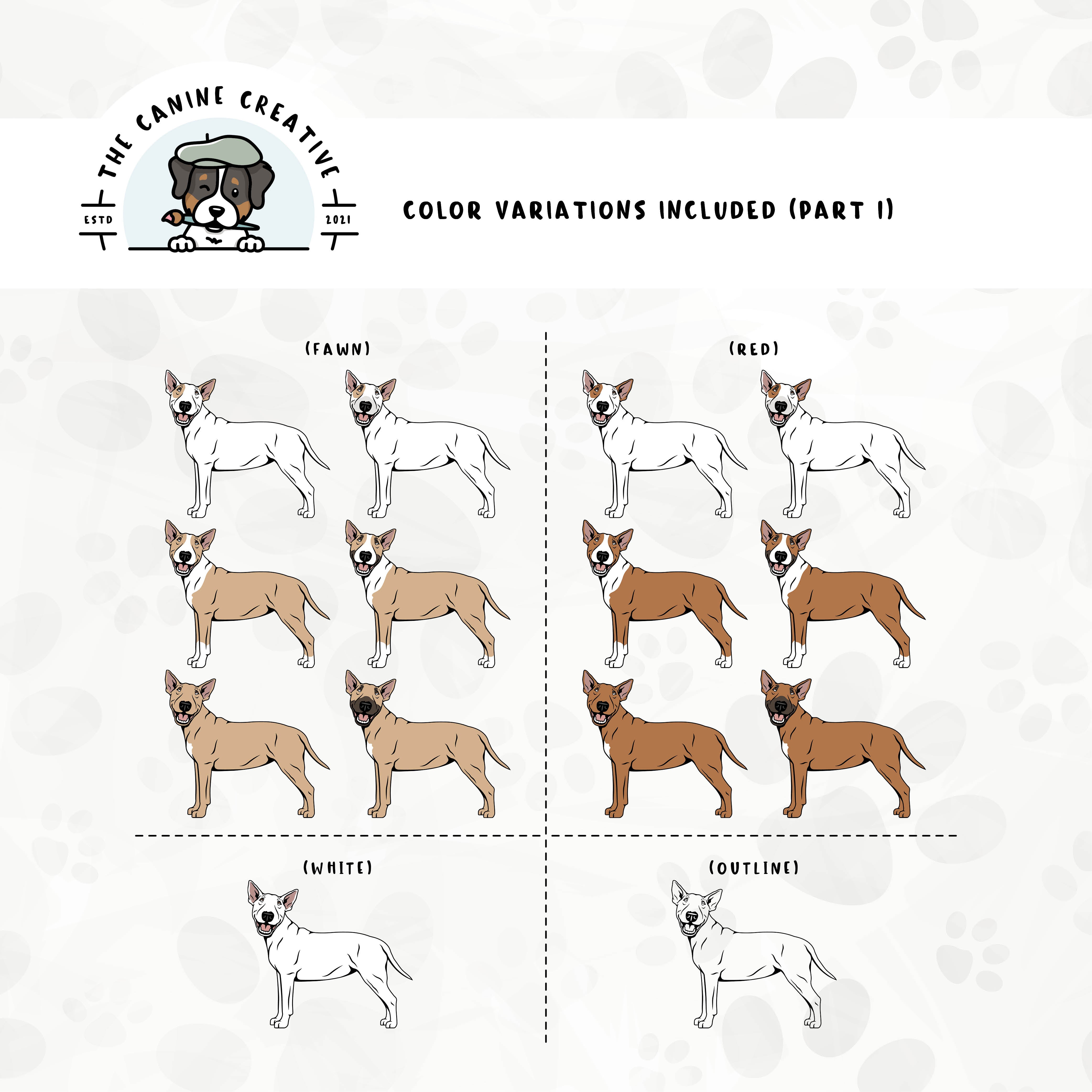 Part 1 of dog color variations for this design set includes common color and marking variations found in this Bully breed (white, bi-color, and smut), as well as an outline option.