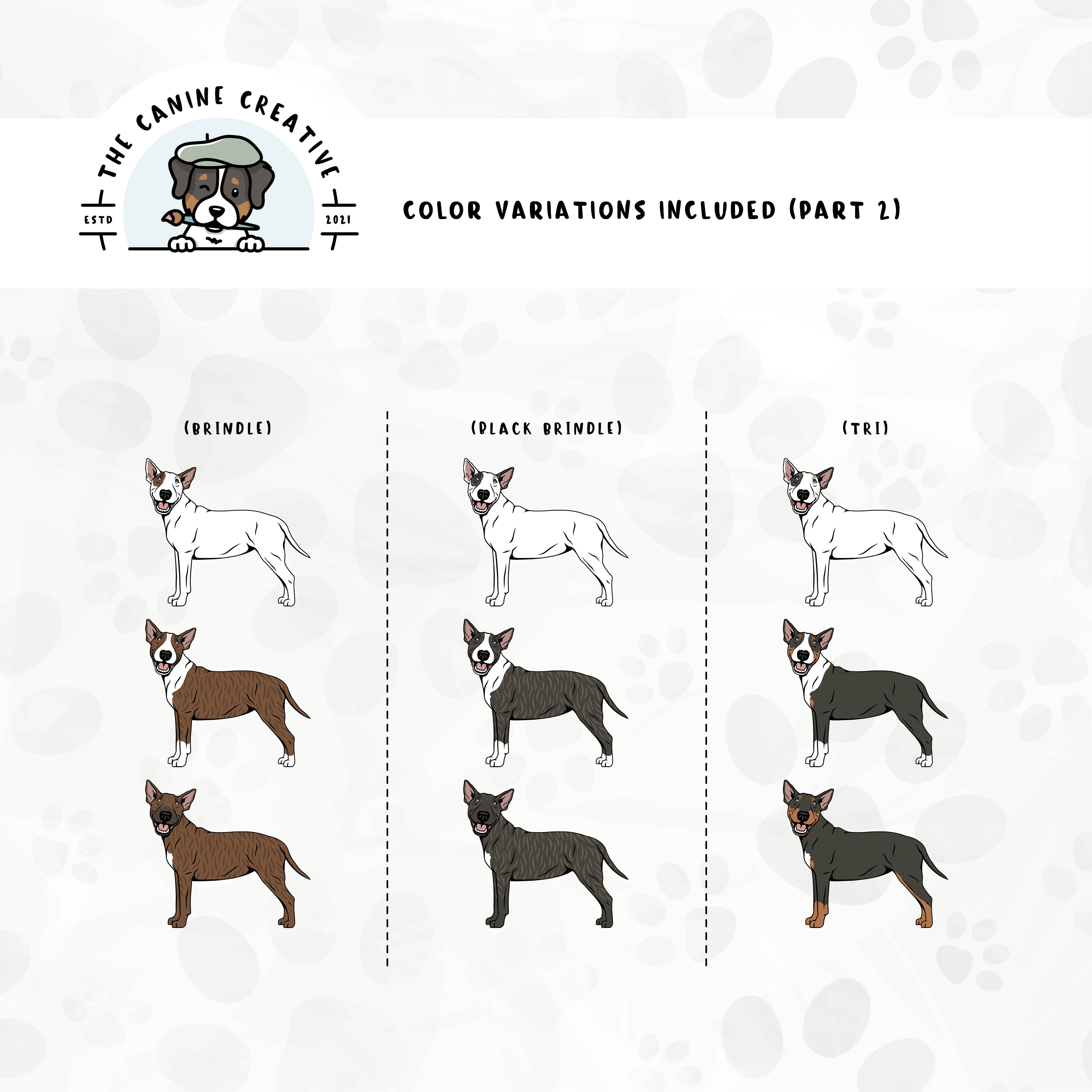 Part 2 of dog color variations for this design set includes common color and marking variations found in this Bully breed (brindle and tri-color).