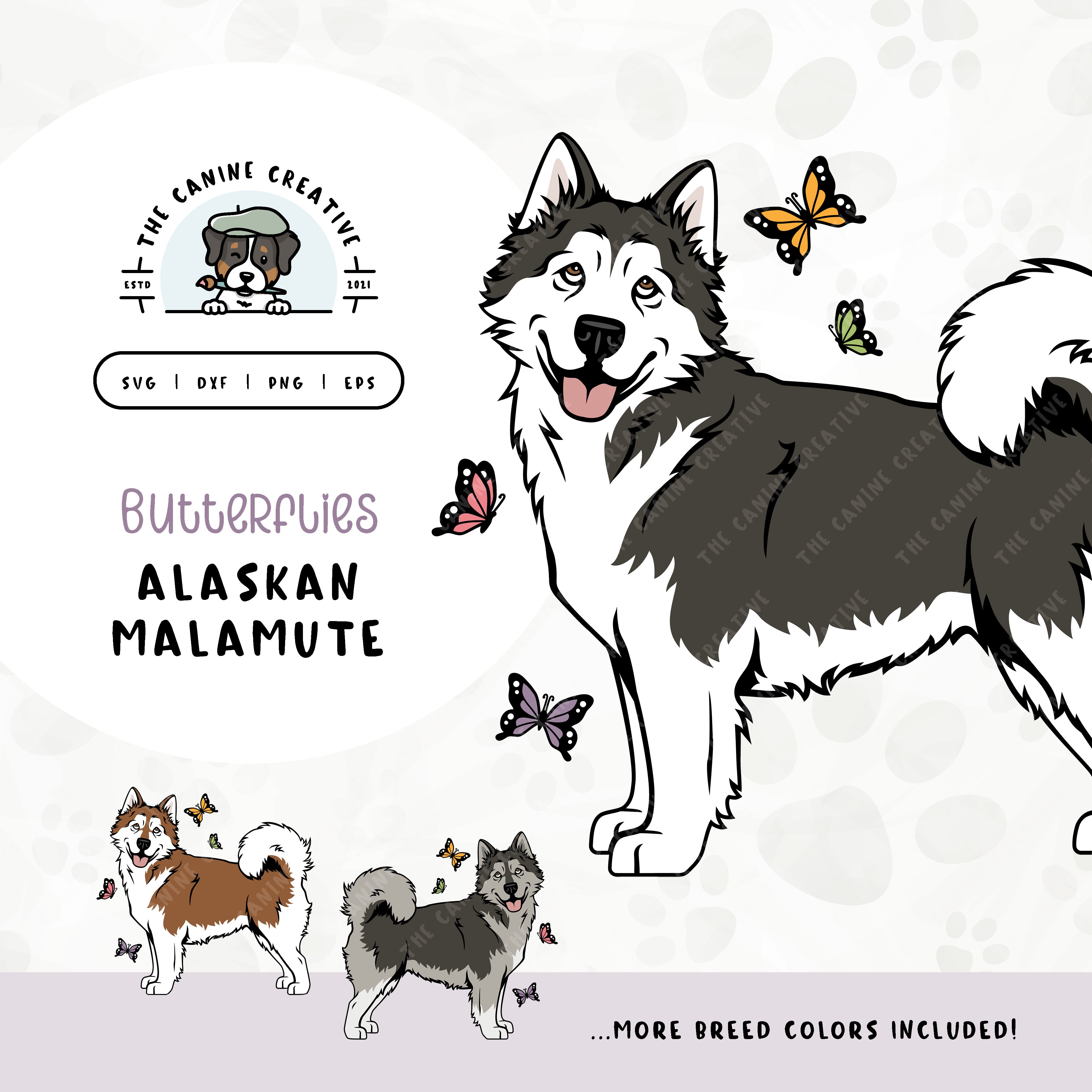 This springtime illustration features an Alaskan Malamute among colorful butterflies. File formats include: SVG, DXF, PNG, and EPS.