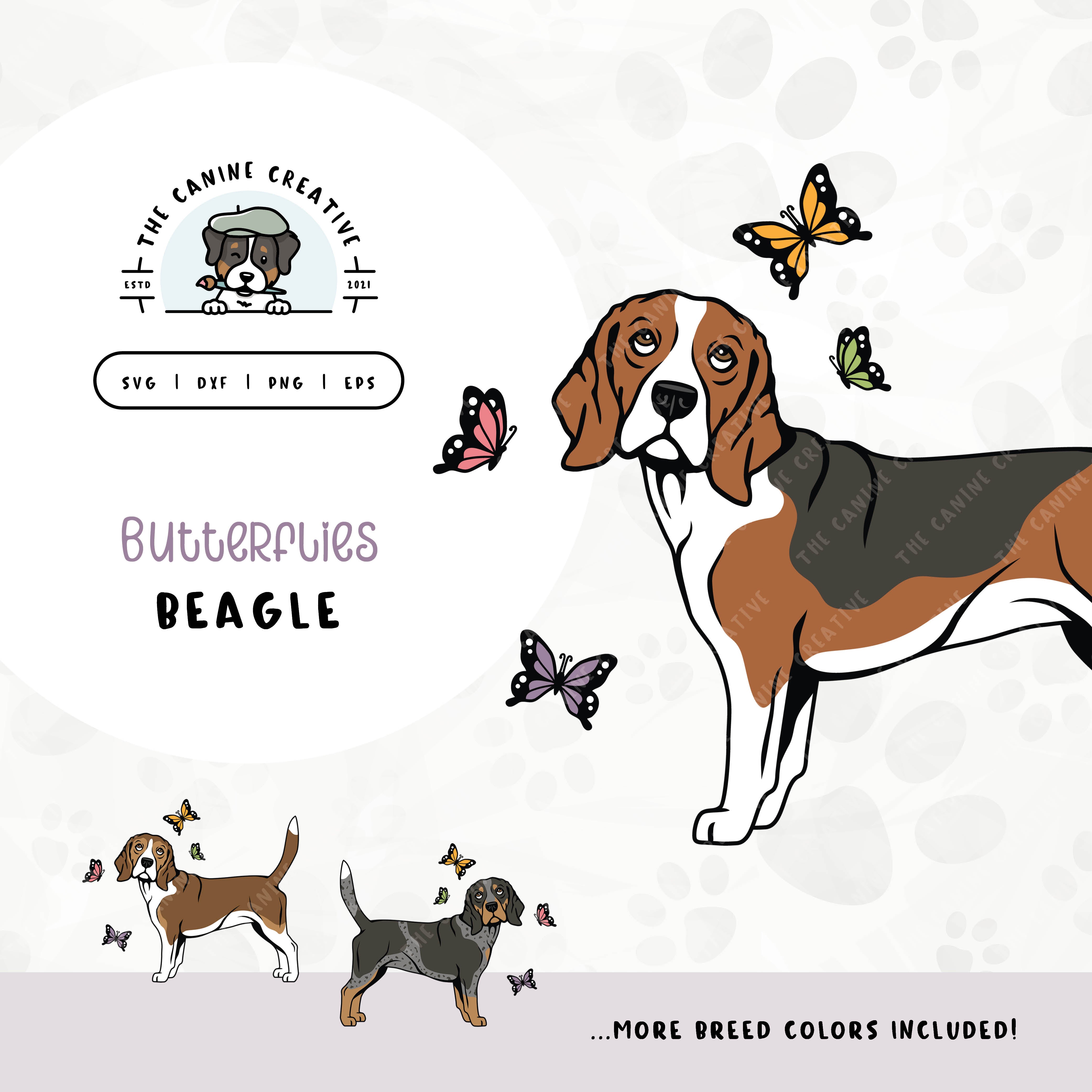 This springtime illustration features a Beagle among colorful butterflies. File formats include: SVG, DXF, PNG, and EPS.