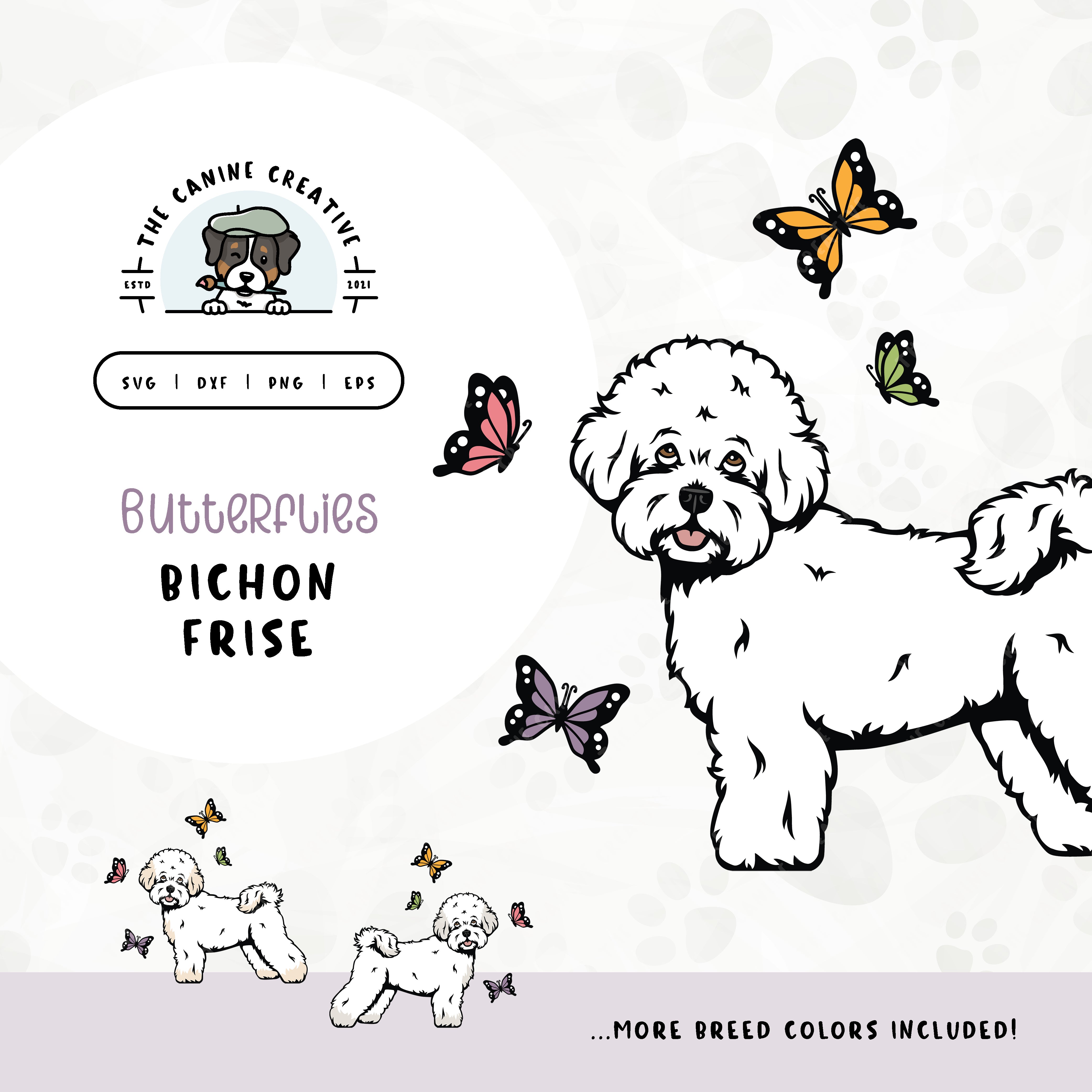 This springtime illustration features a Bichon Frise among colorful butterflies. File formats include: SVG, DXF, PNG, and EPS.
