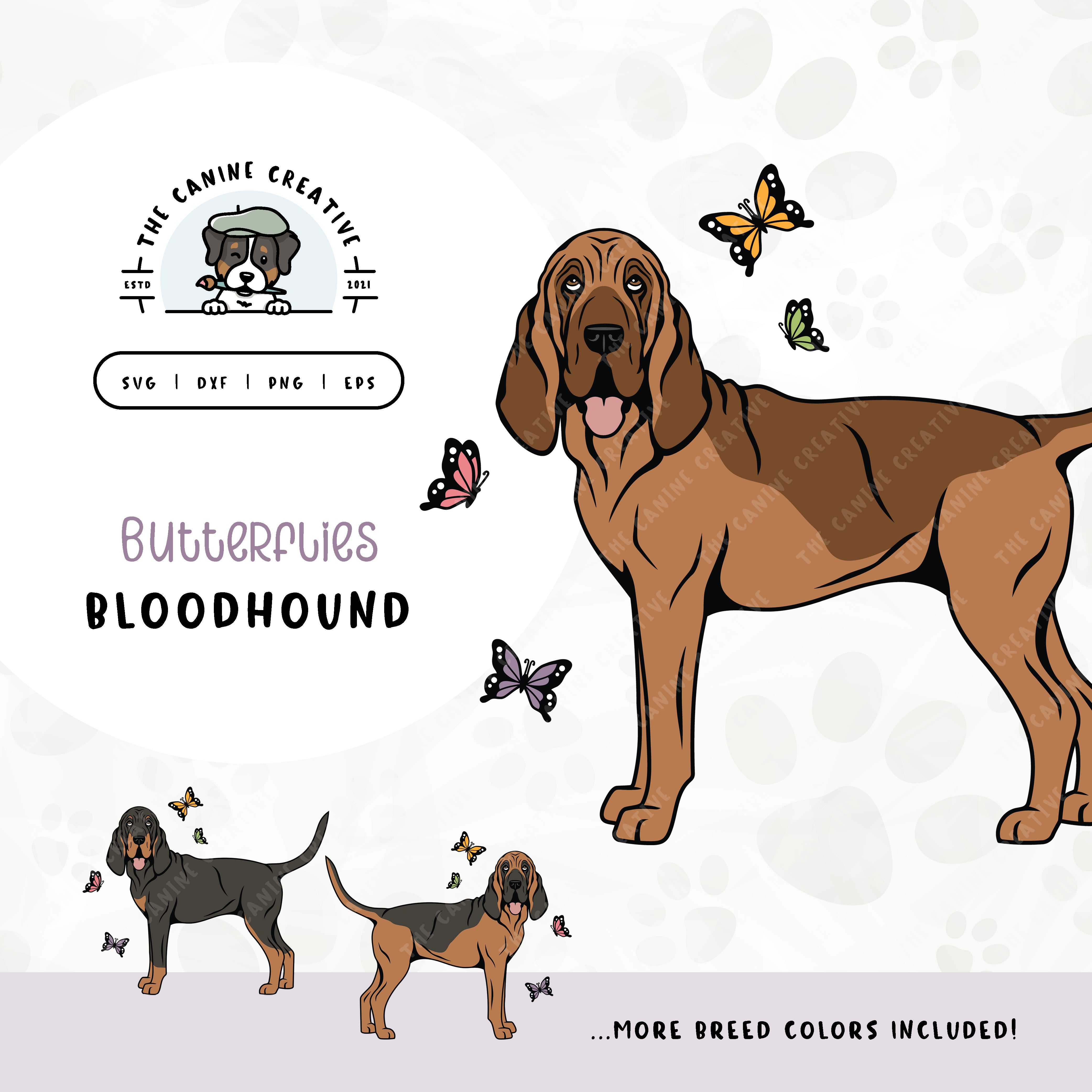 This springtime illustration features a Bloodhound among colorful butterflies. File formats include: SVG, DXF, PNG, and EPS.