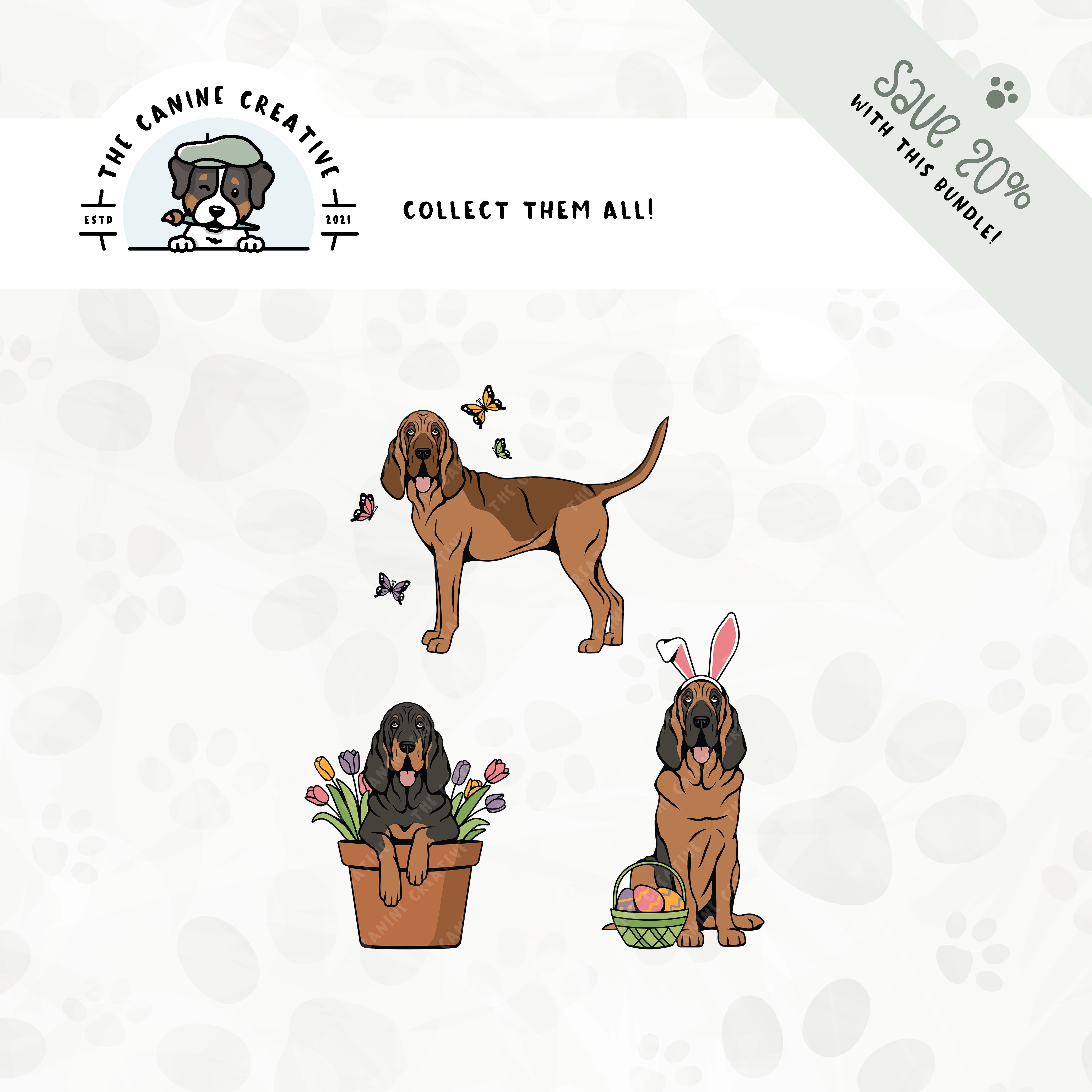 Save 20% with our related 3-pack springtime design bundle featuring Bloodhounds!