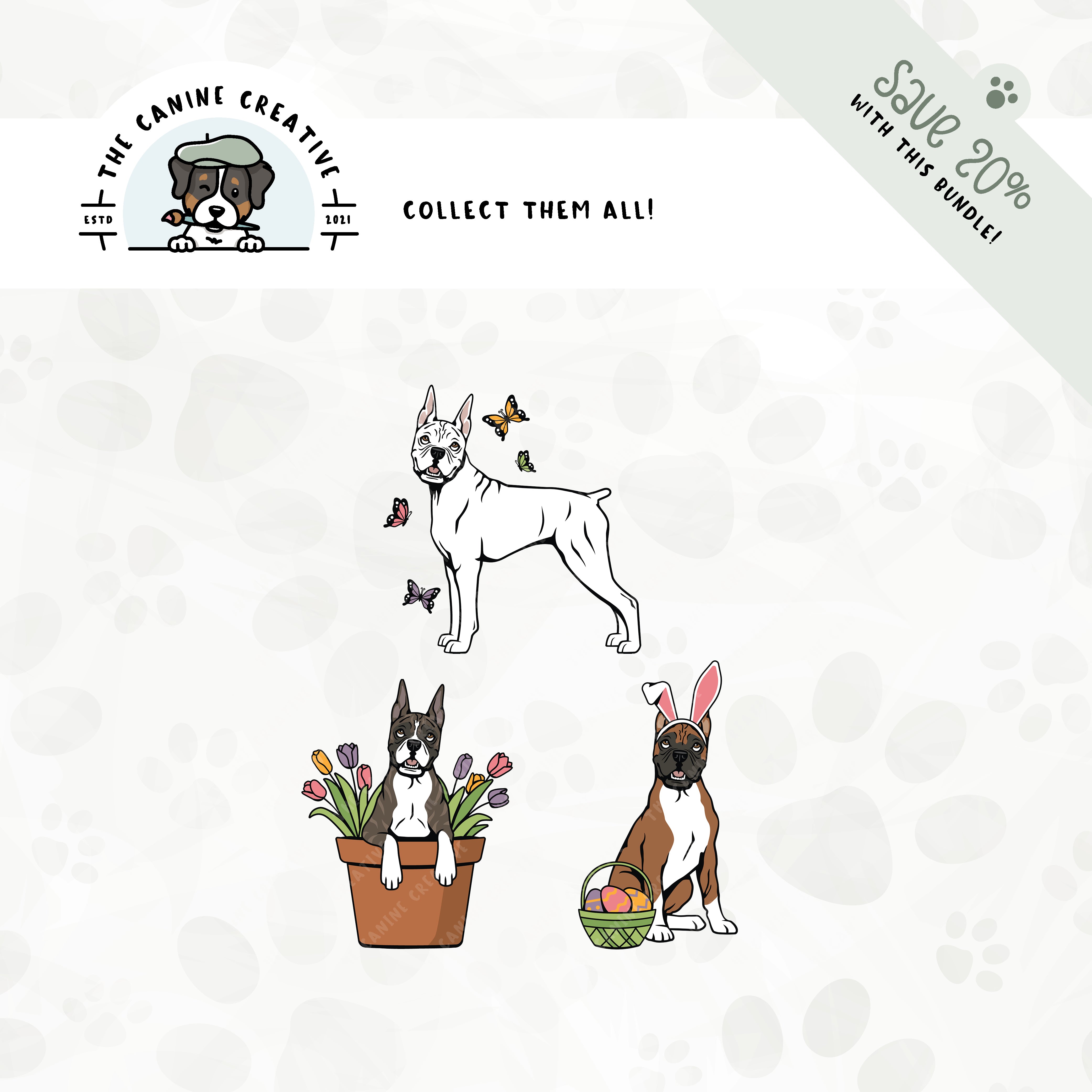 Save 20% with our related 3-pack springtime design bundle featuring Boxer dogs with cropped ears and docked tails!