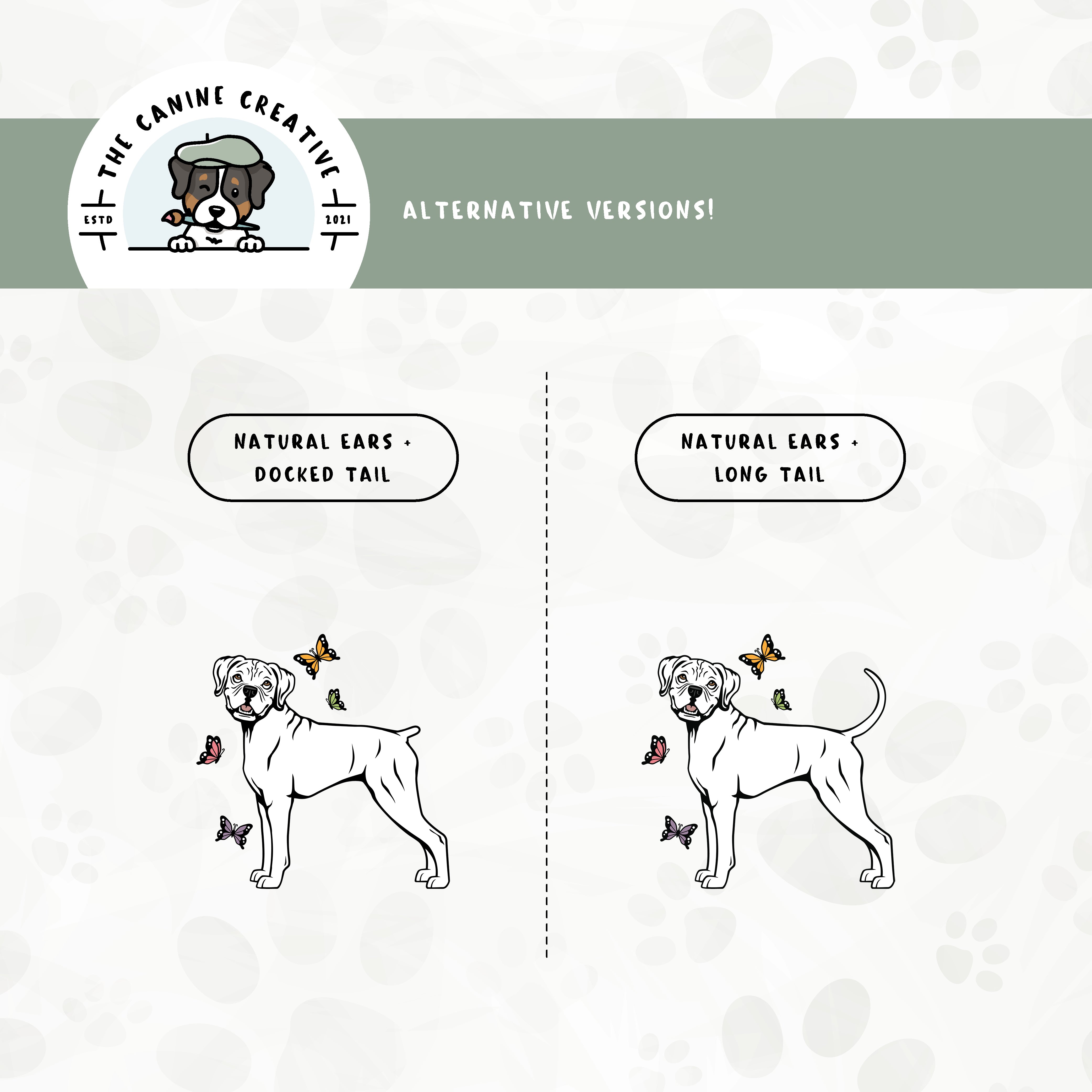 Alternative floppy ear/long tail or floppy ear/docked tail editions are also available for this Boxer dog design.