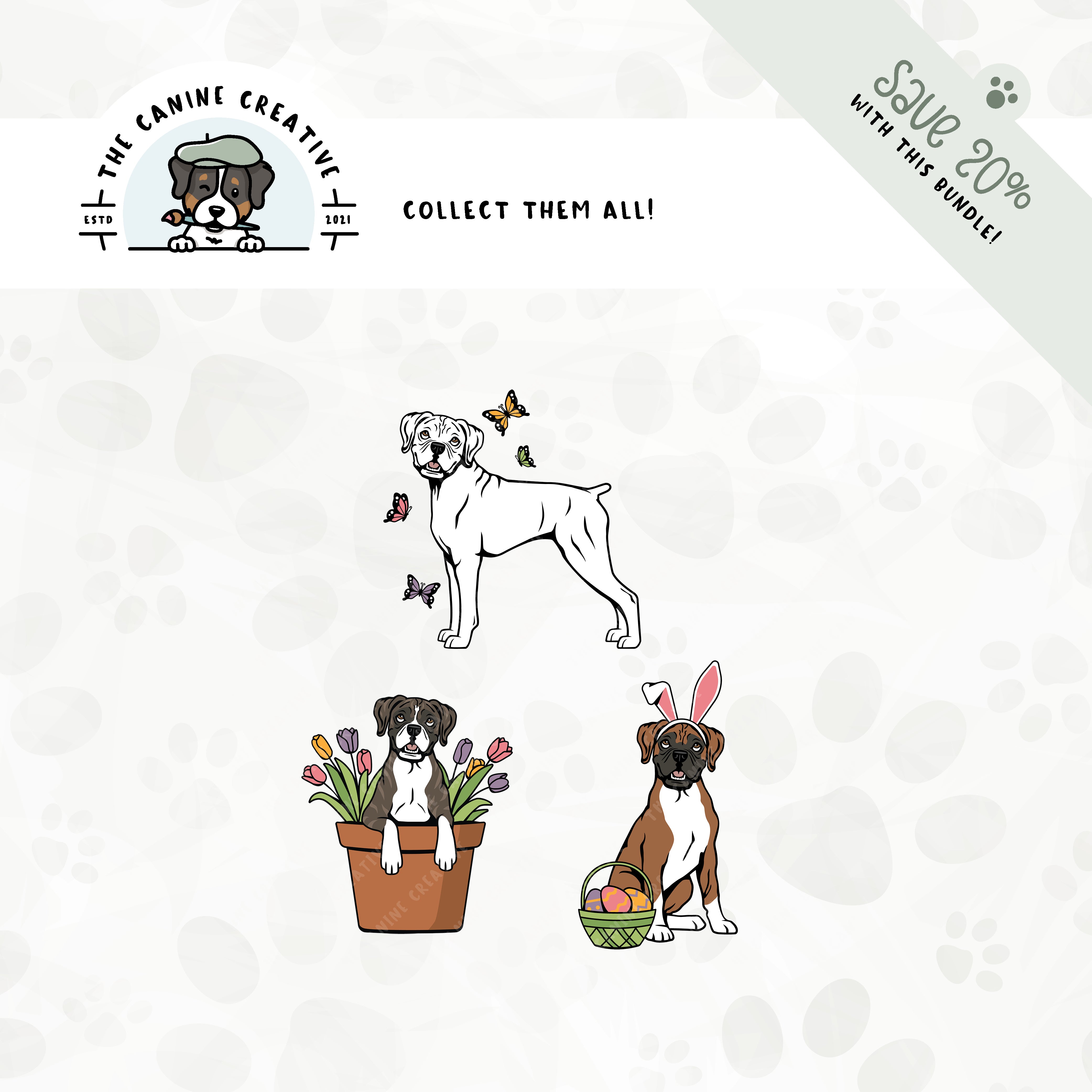 Save 20% with our related 3-pack springtime design bundle featuring Boxer dogs with floppy ears and docked tails!