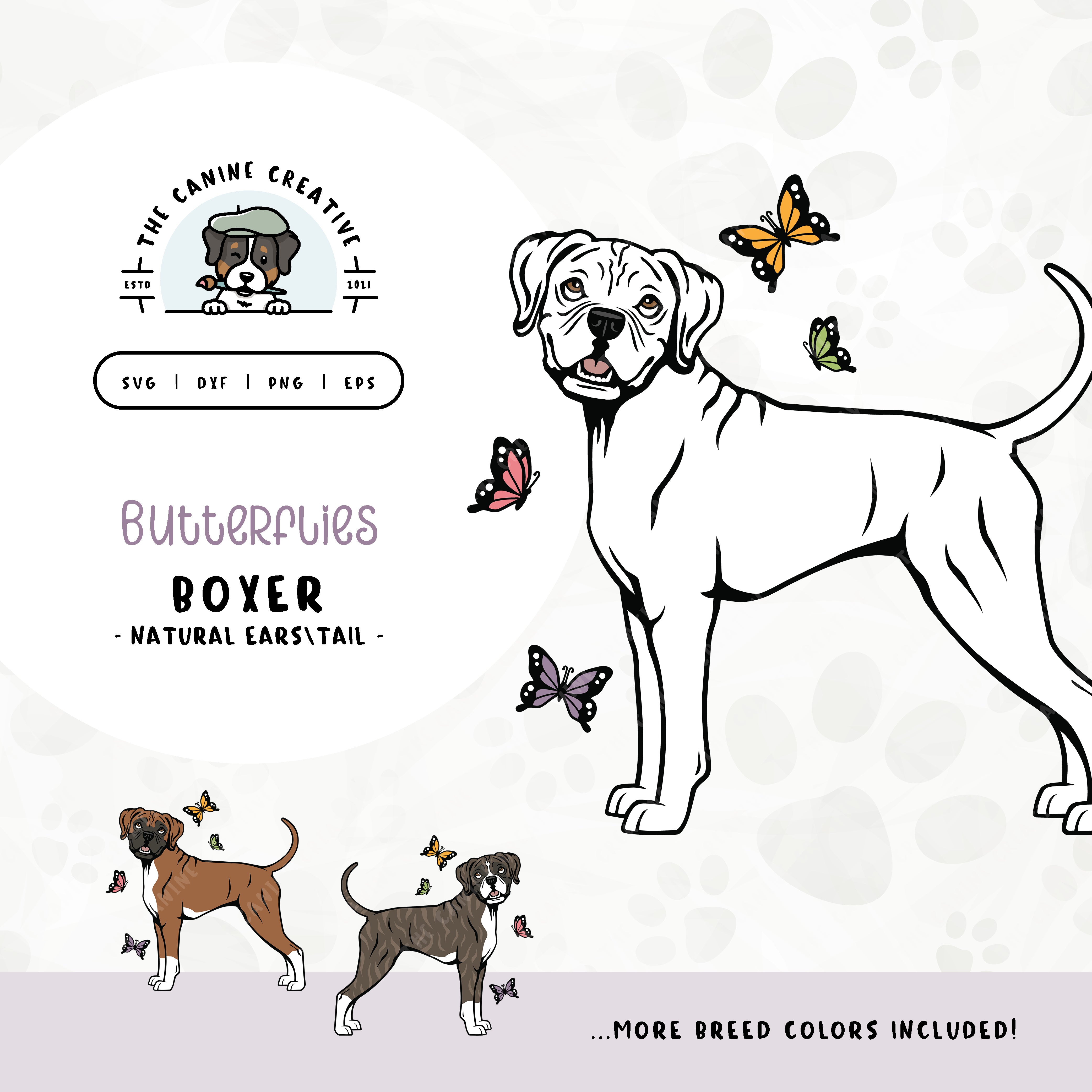 This springtime illustration features a Boxer dog with floppy ears and long tail among colorful butterflies. File formats include: SVG, DXF, PNG, and EPS.