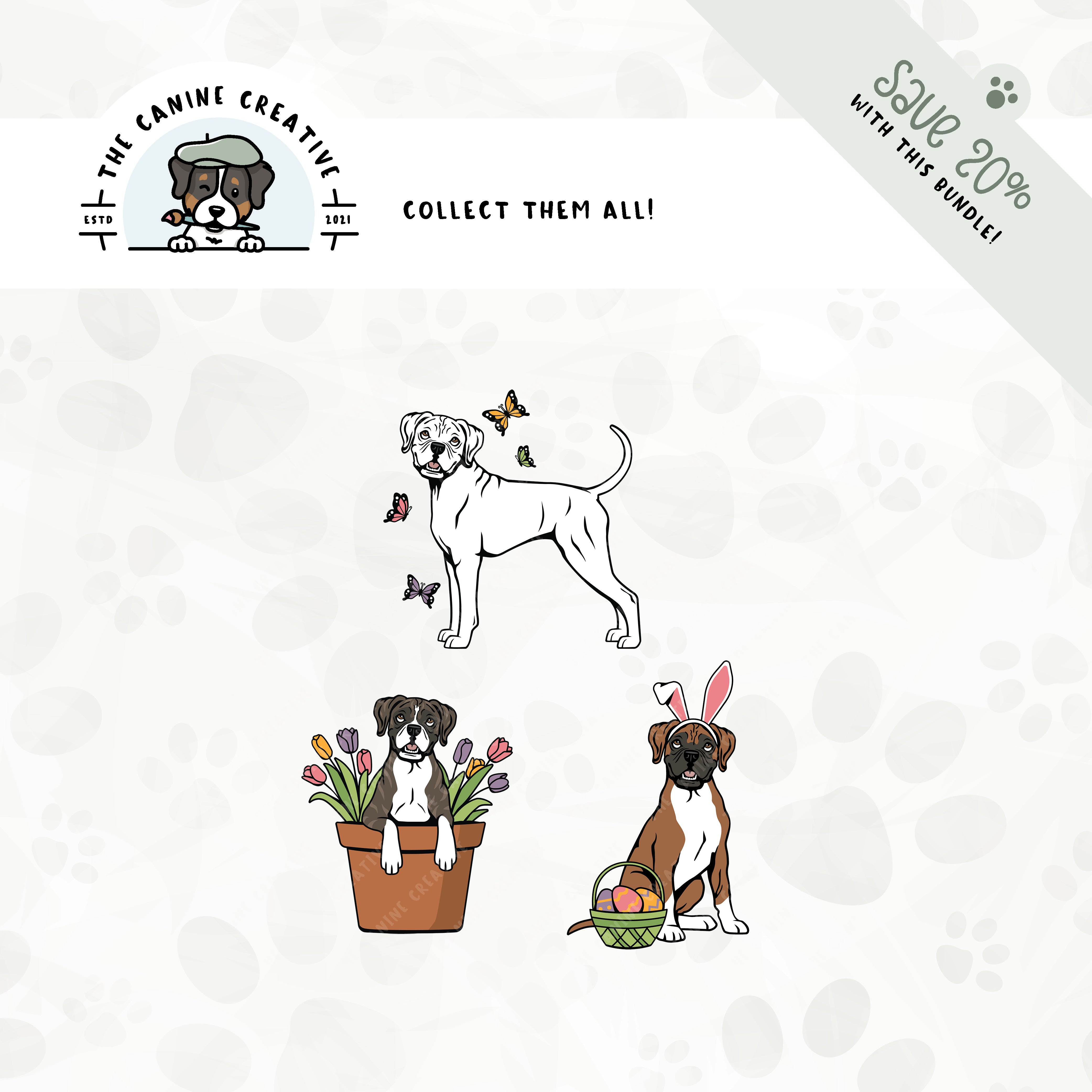 Save 20% with our related 3-pack springtime design bundle featuring Boxer dogs with floppy ears and long tails!