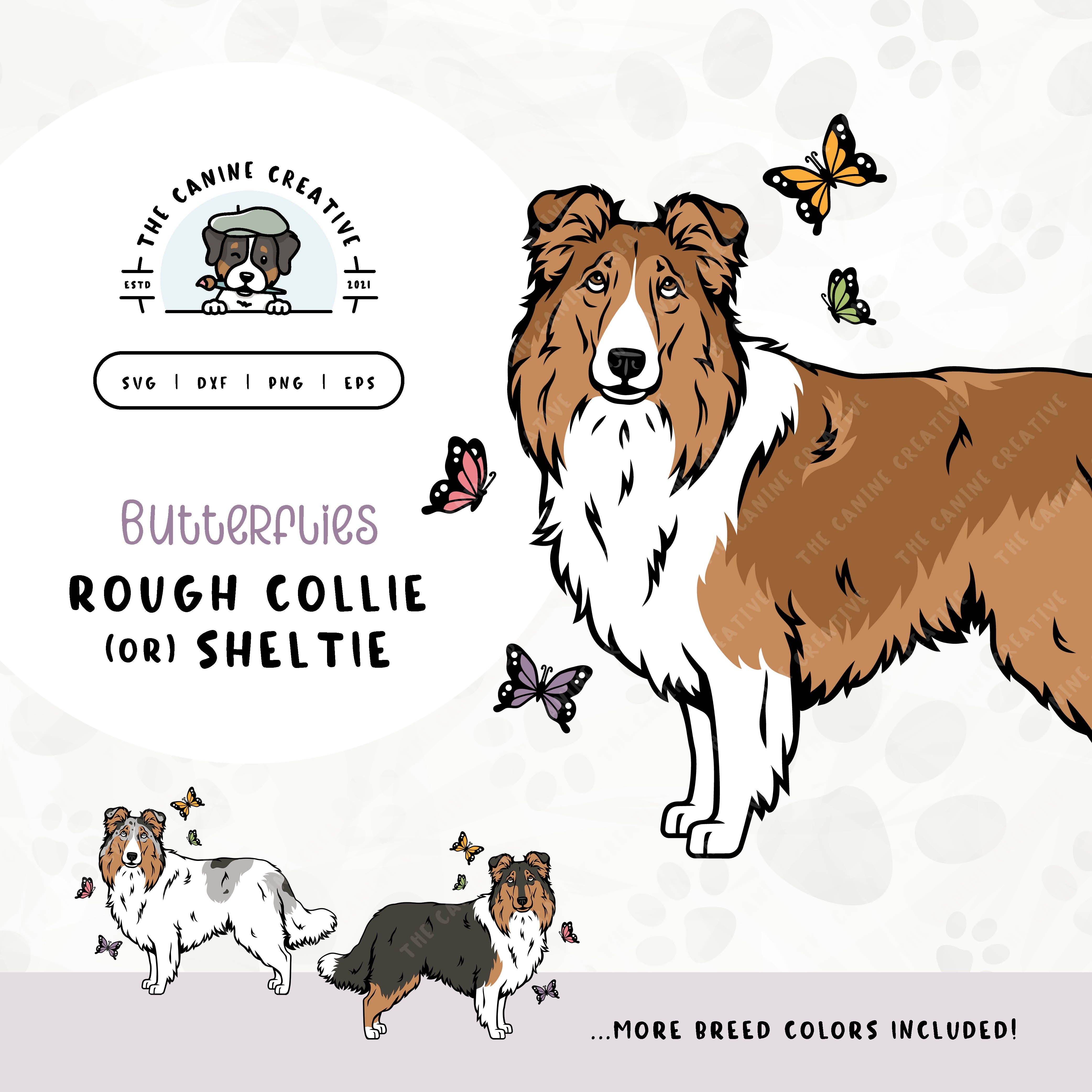 This springtime design features a Rough Collie/Shetland Sheepdog surrounded by curious butterflies. File formats include: SVG, DXF, PNG, and EPS.