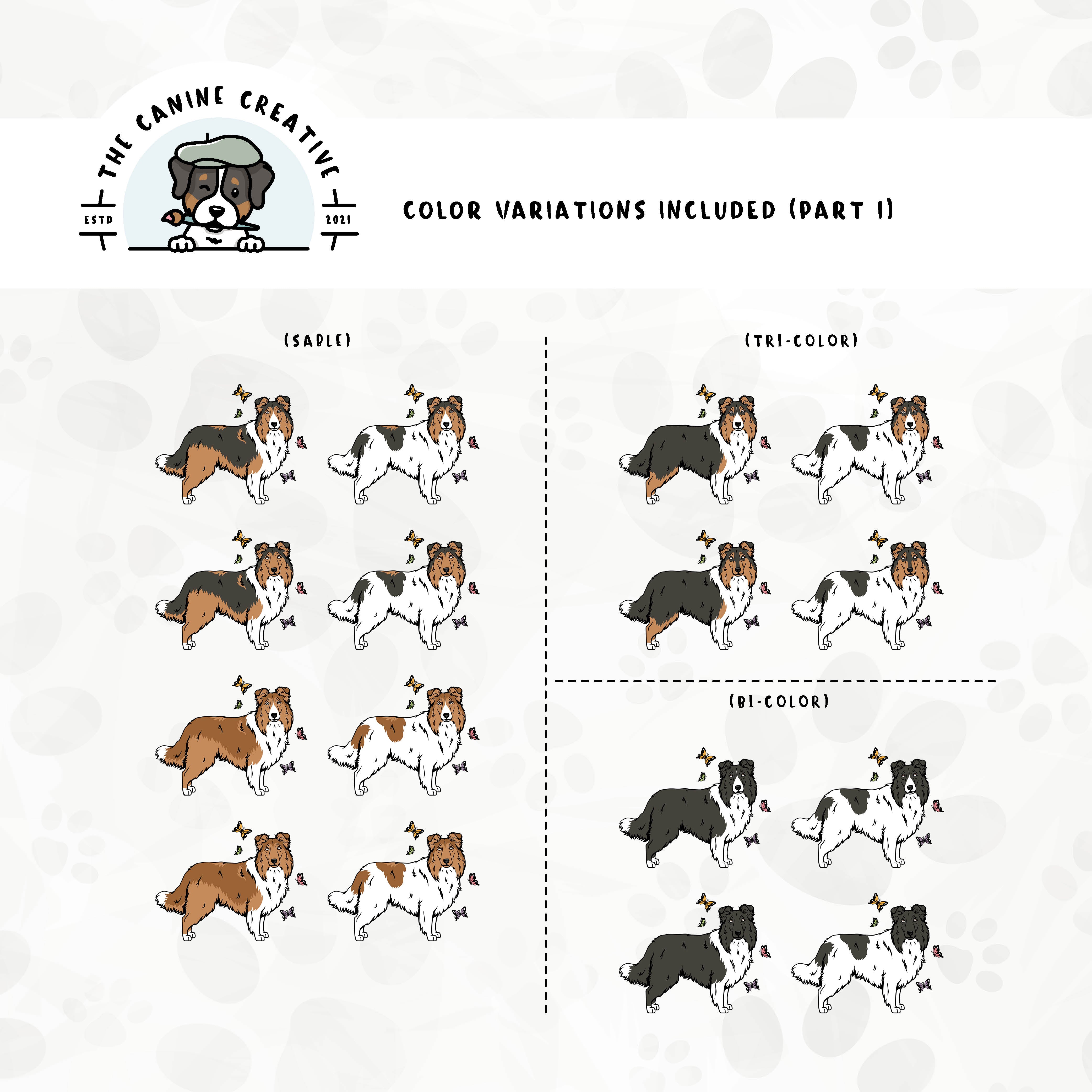 Part 1 of dog color variations for this Rough Collie/Sheltie design bundle includes bi-black, sable, and tri-color in standard and white-factored markings.