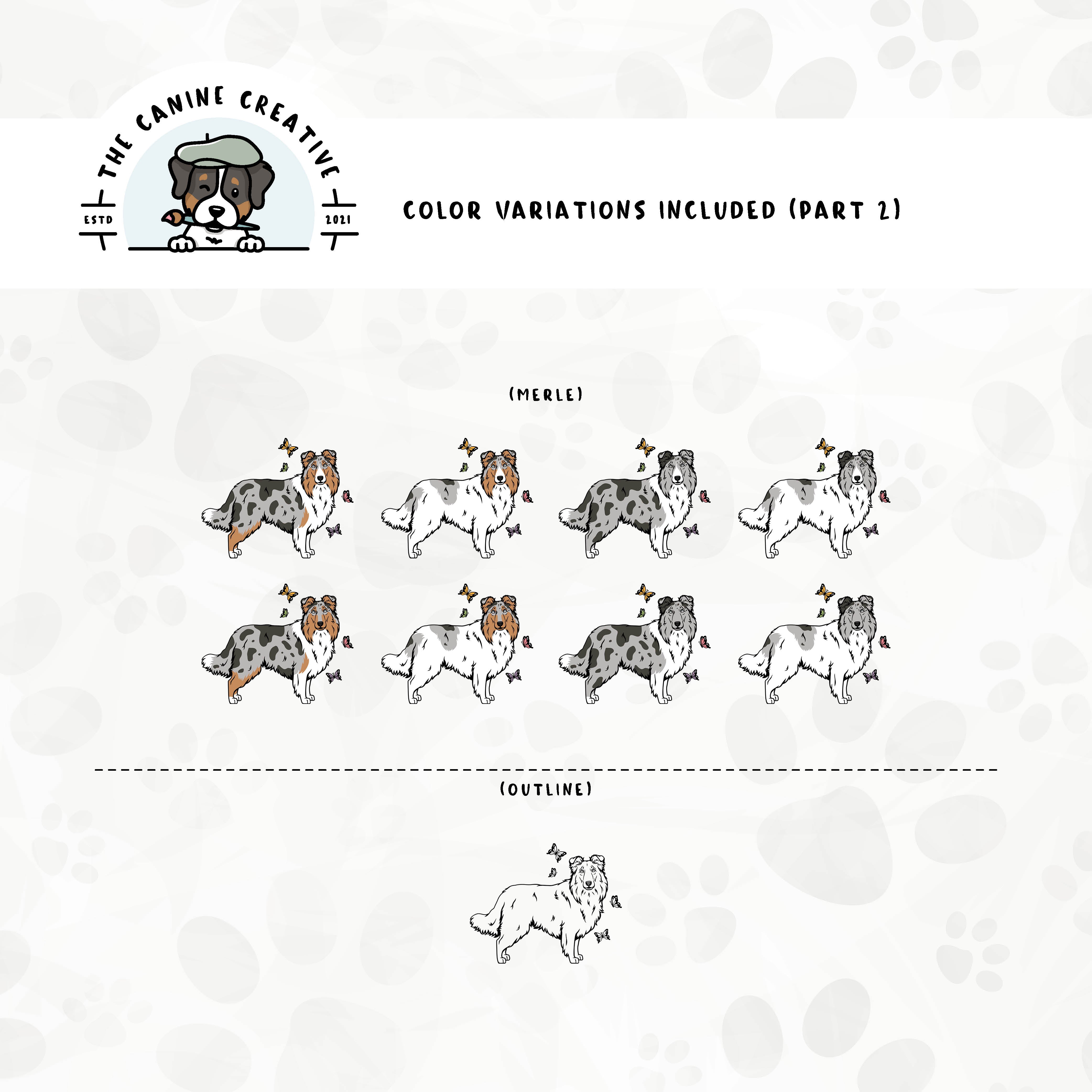 Part 2 of dog color variations for this Rough Collie/Sheltie design bundle includes bi-blue and merle in standard and white-factored markings as well as an outline version.